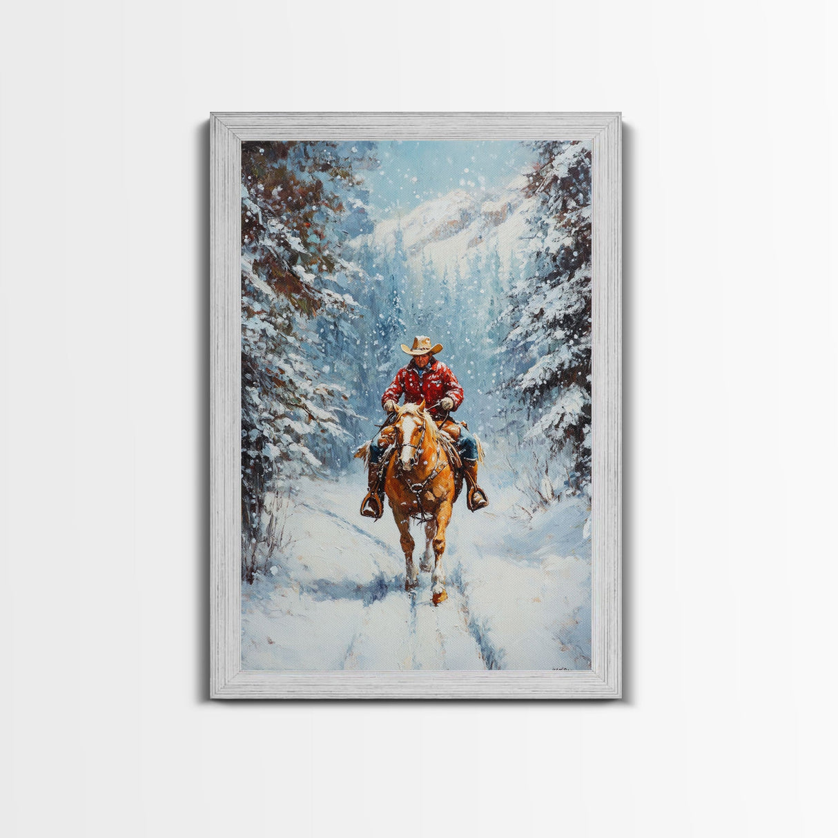 Cowboy Walking Through Snowy Winter Forest Canvas Print, Western Christmas Art Gift, Holiday Wall Decor, Rustic Art, Framed Canvas Print