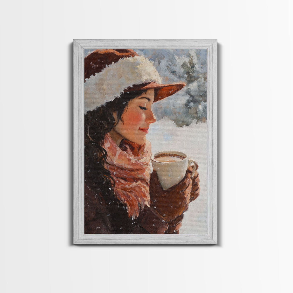 Framed canvas print of a peaceful winter scene with a woman a hot chocolate perfect for holiday gift idea or rustic Christmas wall art decor