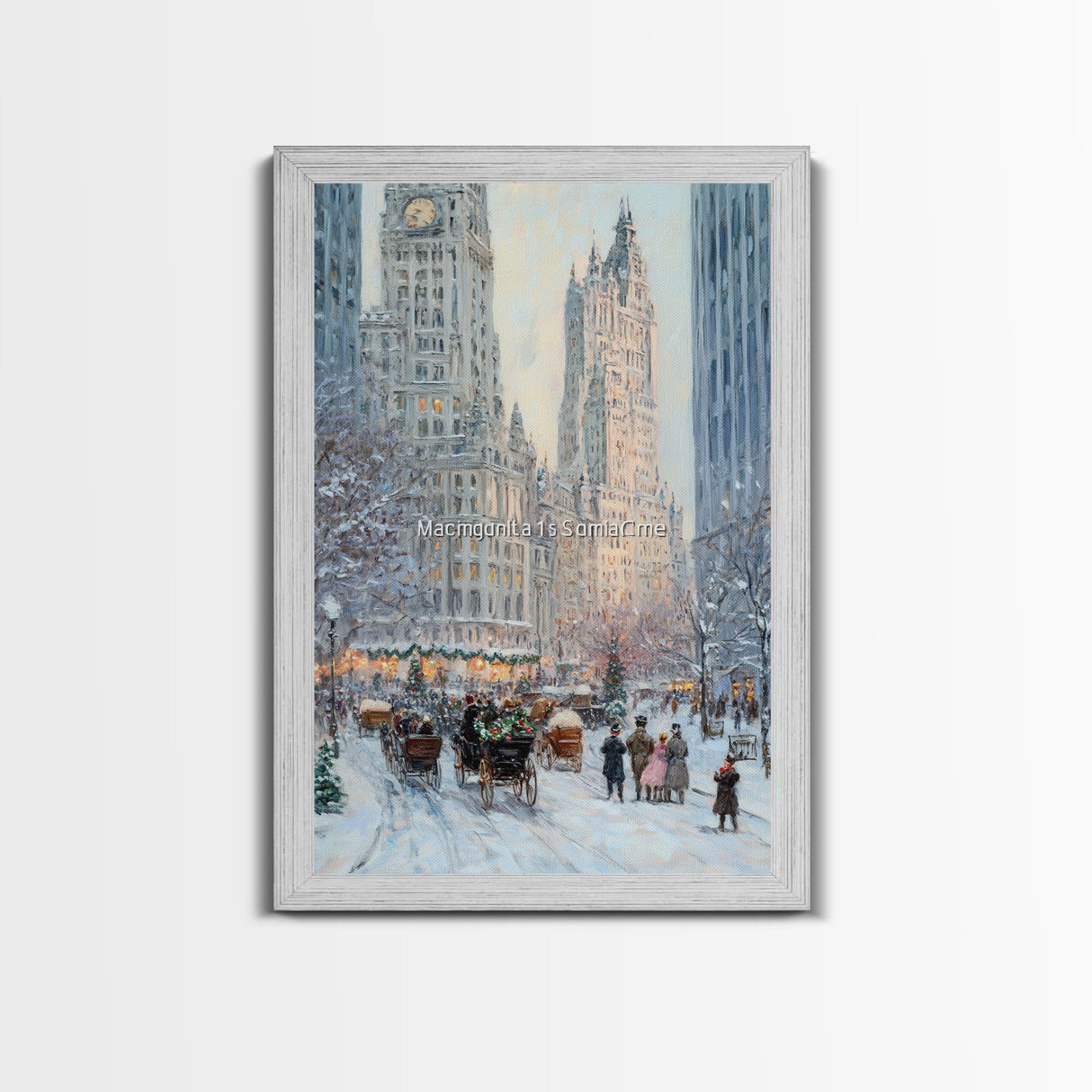 Historical City Winter Framed Canvas Print, Snowy Urban Landscape with Carriages and Victorian Architecture, Elegant Christmas Wall Art