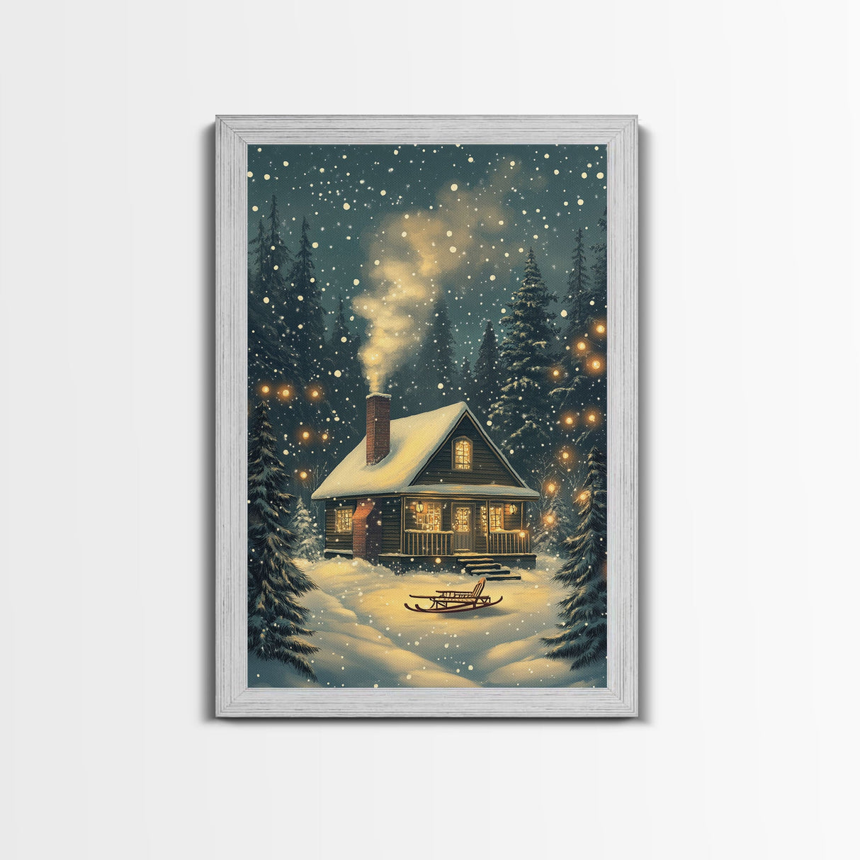 Cozy Cabin in Snowy Winter Forest, Warm Christmas Lights and Peaceful Holiday Scene, Perfect for Winter Wall Art, Framed Canvas Print