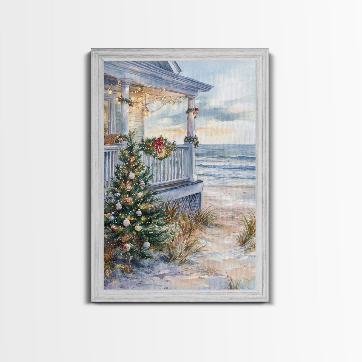 Coastal Christmas Tree Framed Canvas Print, Festive Holiday Decor Tree Beach and Ocean View, Nautical Wall Art Tropical Christmas Decor