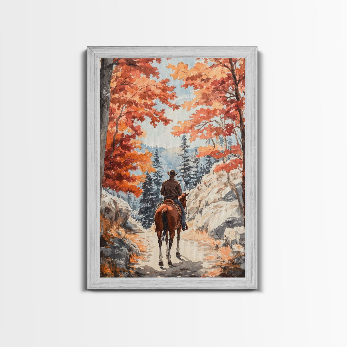 Cowboy riding through autumn forest, Framed Canvas Print, fall landscape wall art, western style decor for cozy homes, perfect gift idea