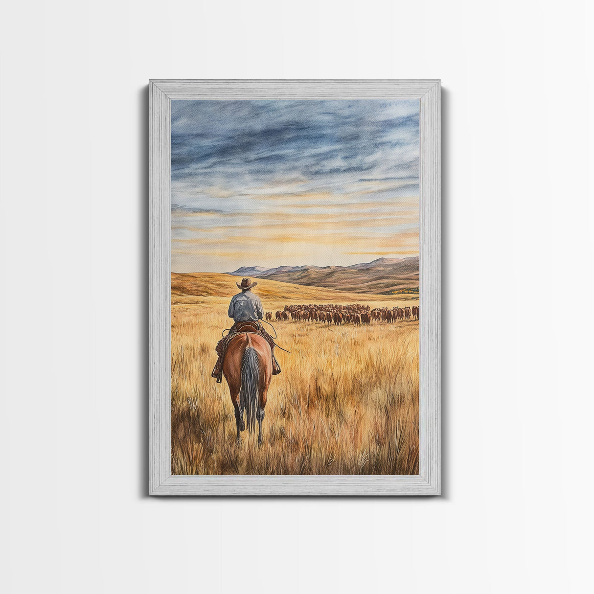 Cowboy leading cattle across golden prairie, Framed Canvas Print, western landscape wall art for rustic farmhouse decor, gift idea holiday