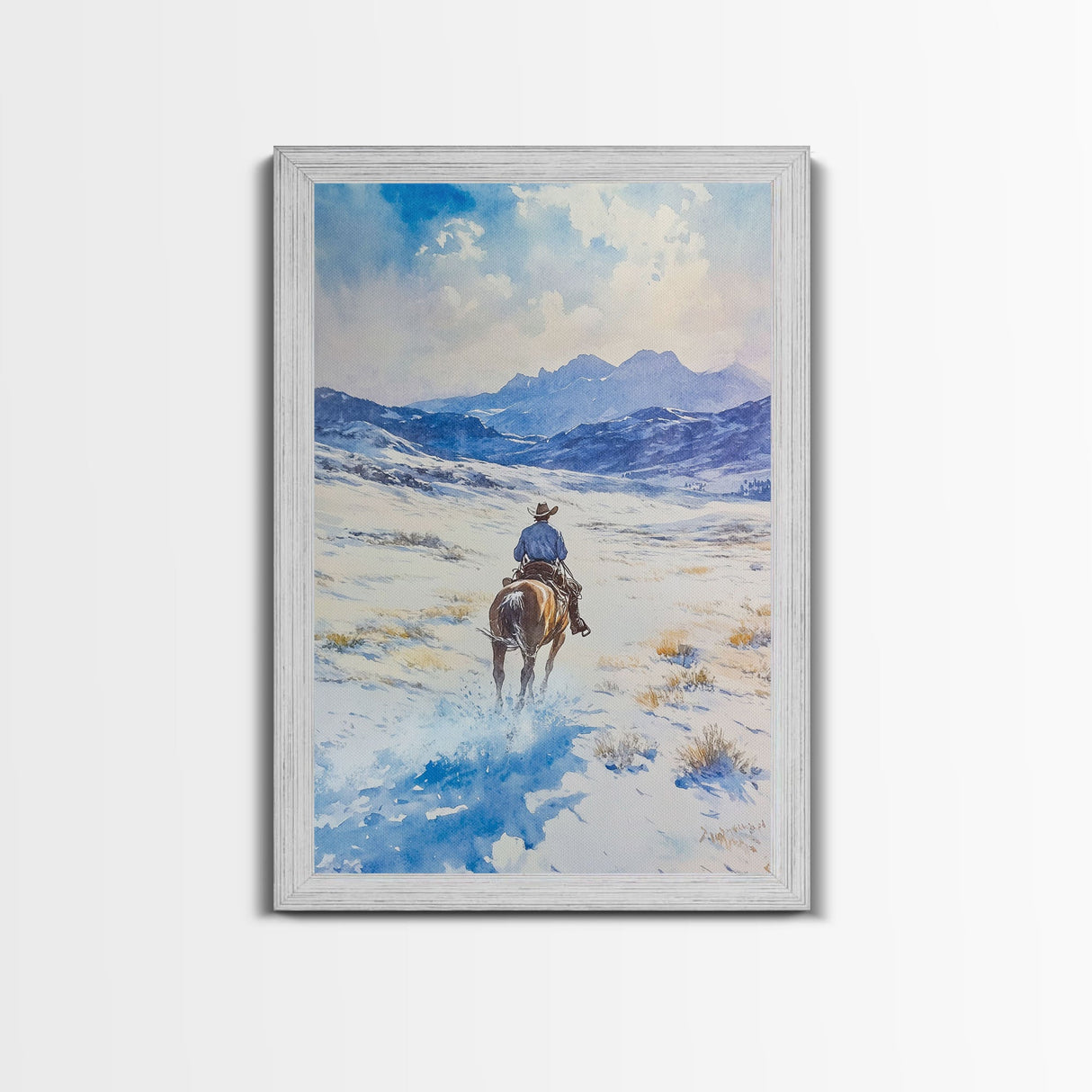 Cowboy riding through snowy mountain pass, Framed Canvas Print, western winter landscape wall art, farmhouse holiday decor Christmas gift
