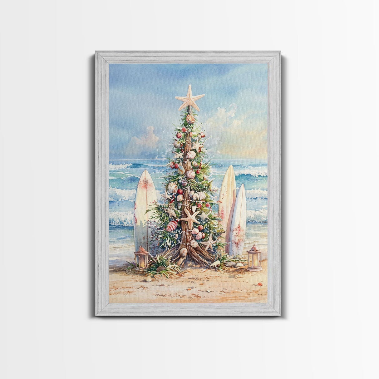 Coastal Christmas tree with surfboards at the beach Framed Canvas Print, tropical holiday wall art beach Christmas decor Christmas prints