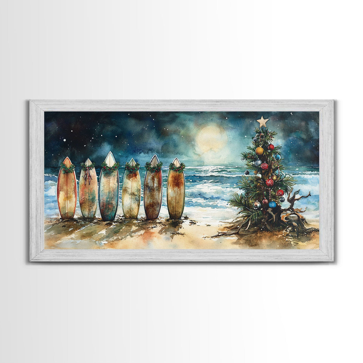 Canvas Print Surfboards and Christmas Tree at Beach, Tropical Christmas Decor, Beach Christmas Art, Coastal Holiday Wall Art