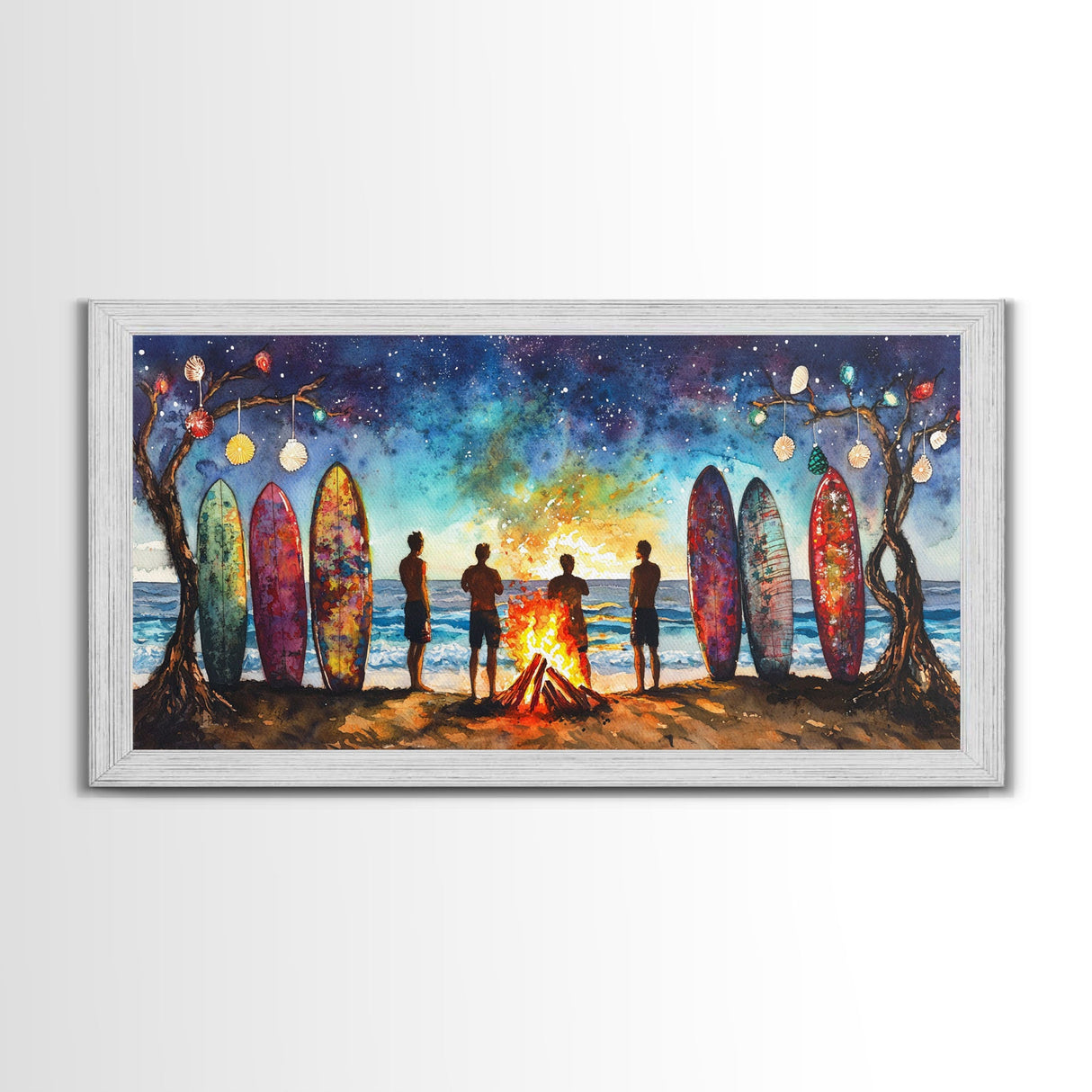 Canvas Print Beach Bonfire with Surfboards Under Stars, Coastal Christmas Art, Tropical Holiday Wall Art, Beach Christmas Decor