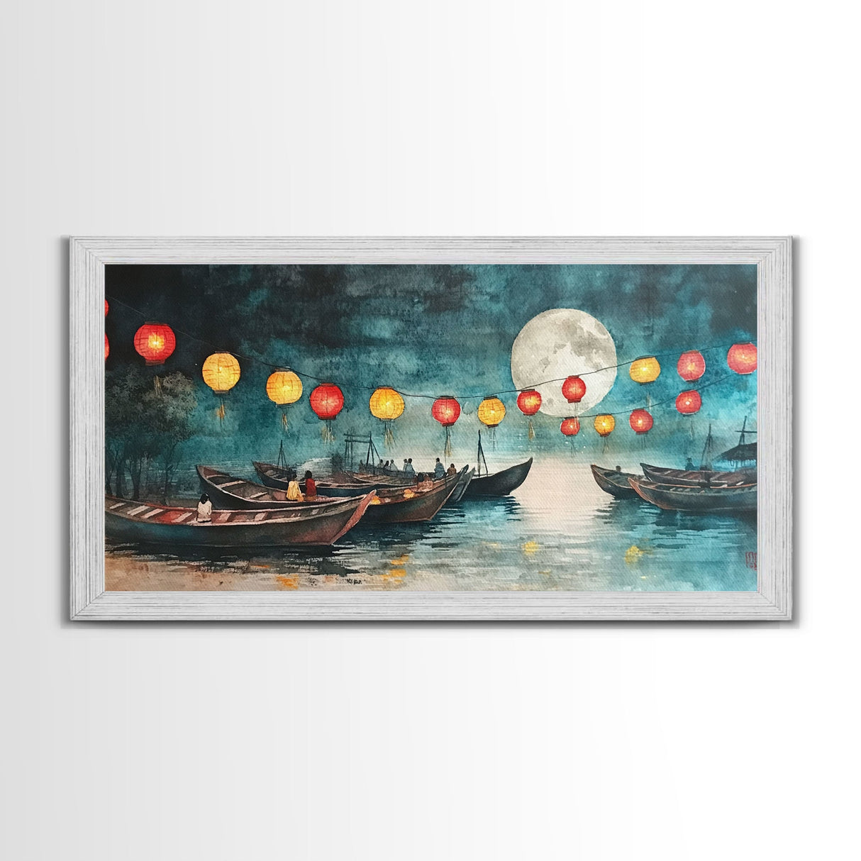 Framed Canvas Print Full Moon Lanterns on Boats, Dreamy Night Scene, Watercolor Christmas Art, Unique Holiday Decor, Coastal Christmas