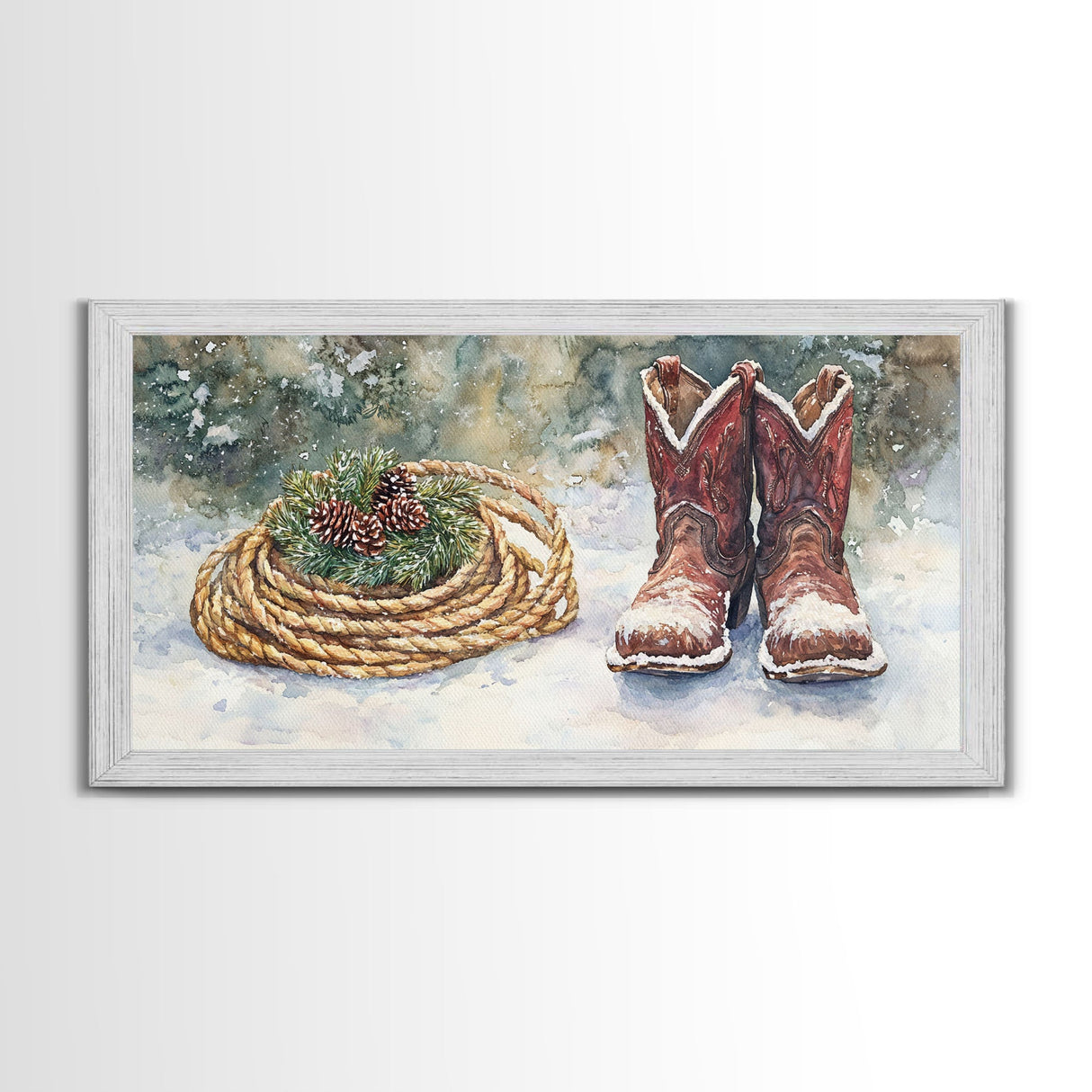Canvas Print Cowboy Boots with Christmas Wreath and Rope, Rustic Christmas Decor, Winter Western Holiday Art, Farmhouse Wall Print
