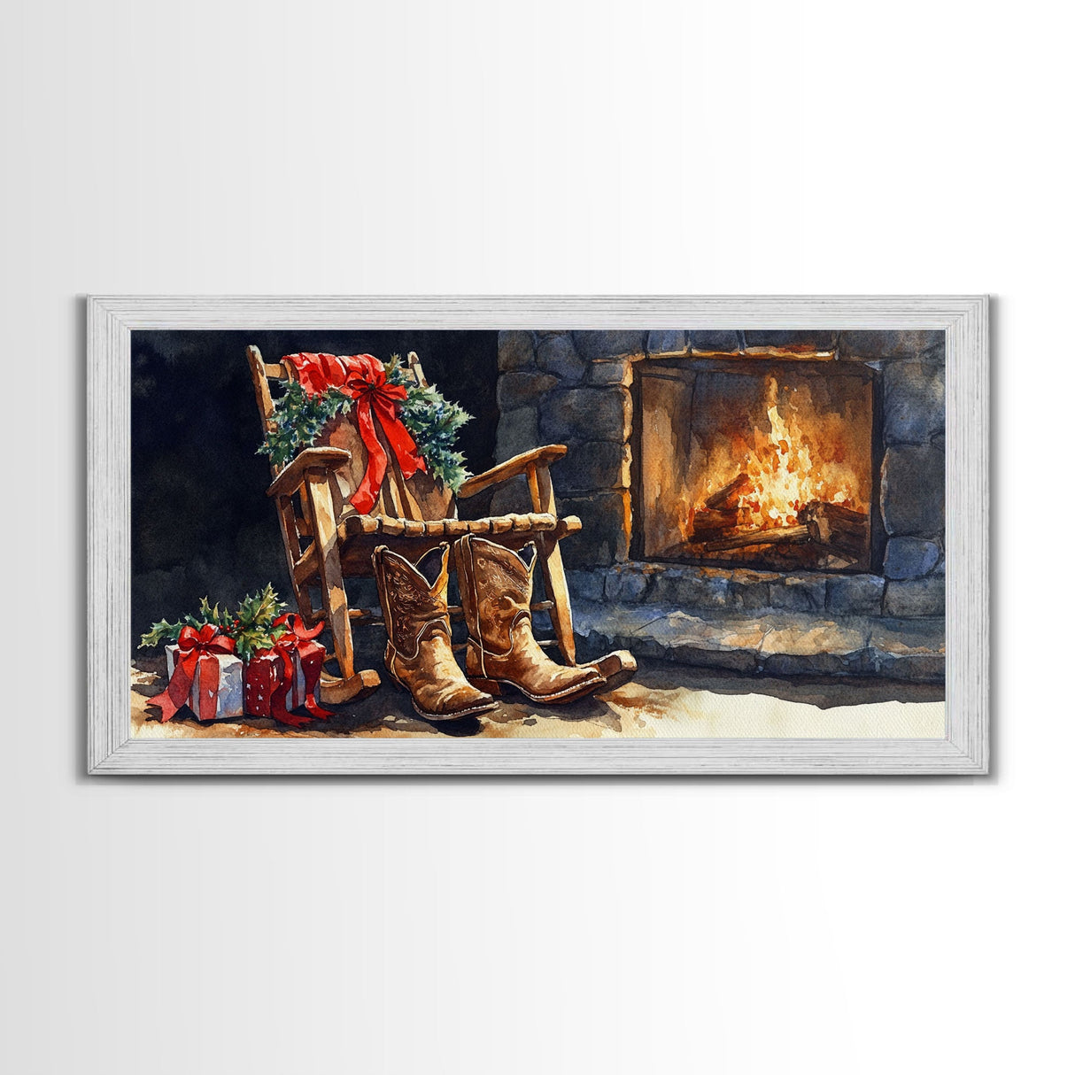 Canvas Print Rocking Chair and Cowboy Boots by Fireplace, Cozy Christmas Decor, Western Holiday Wall Art, Rustic Christmas Scene