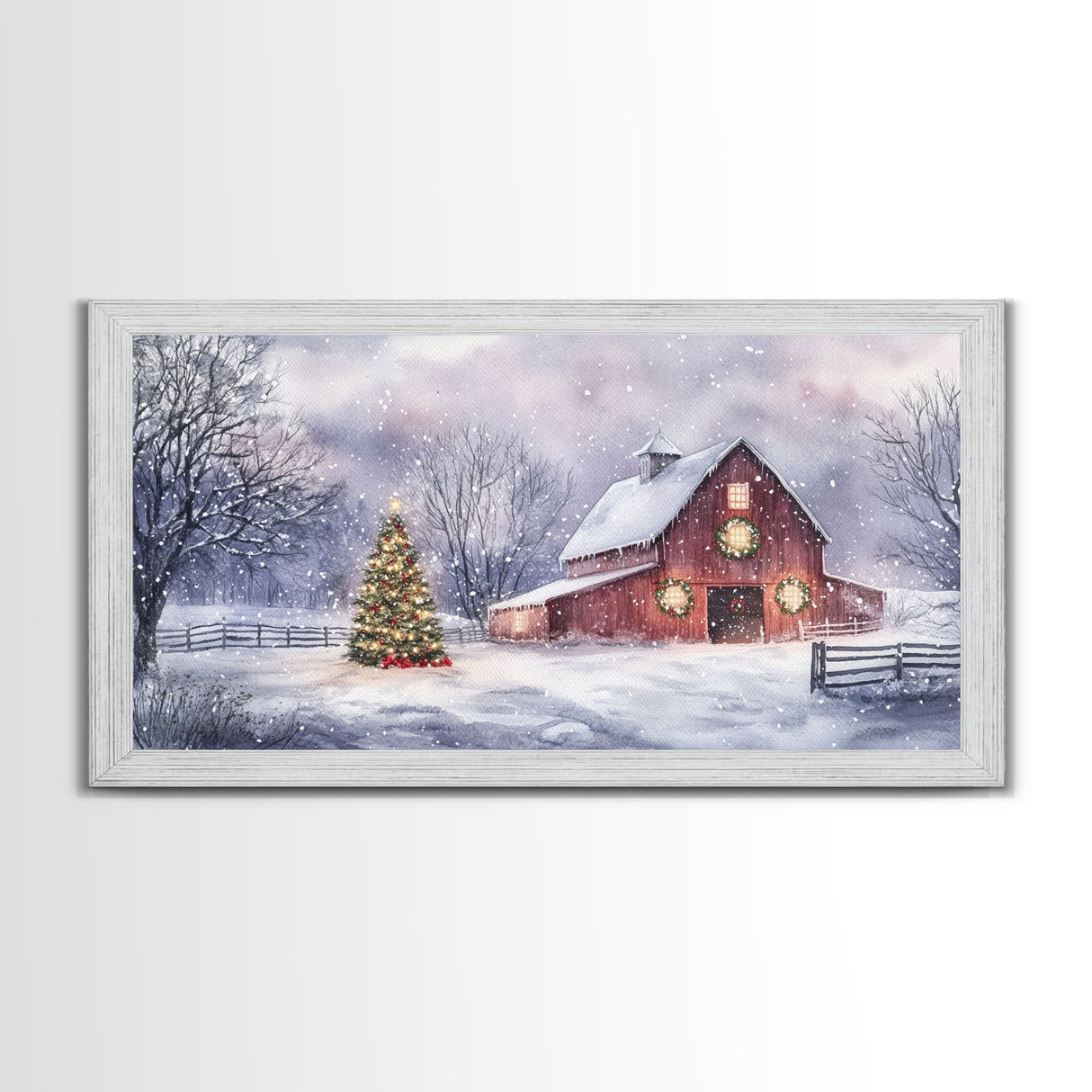 Christmas decor farmhouse Framed Canvas Print snowy barn scene holiday wall art Christmas tree decor best gift Christmas holiday home decor