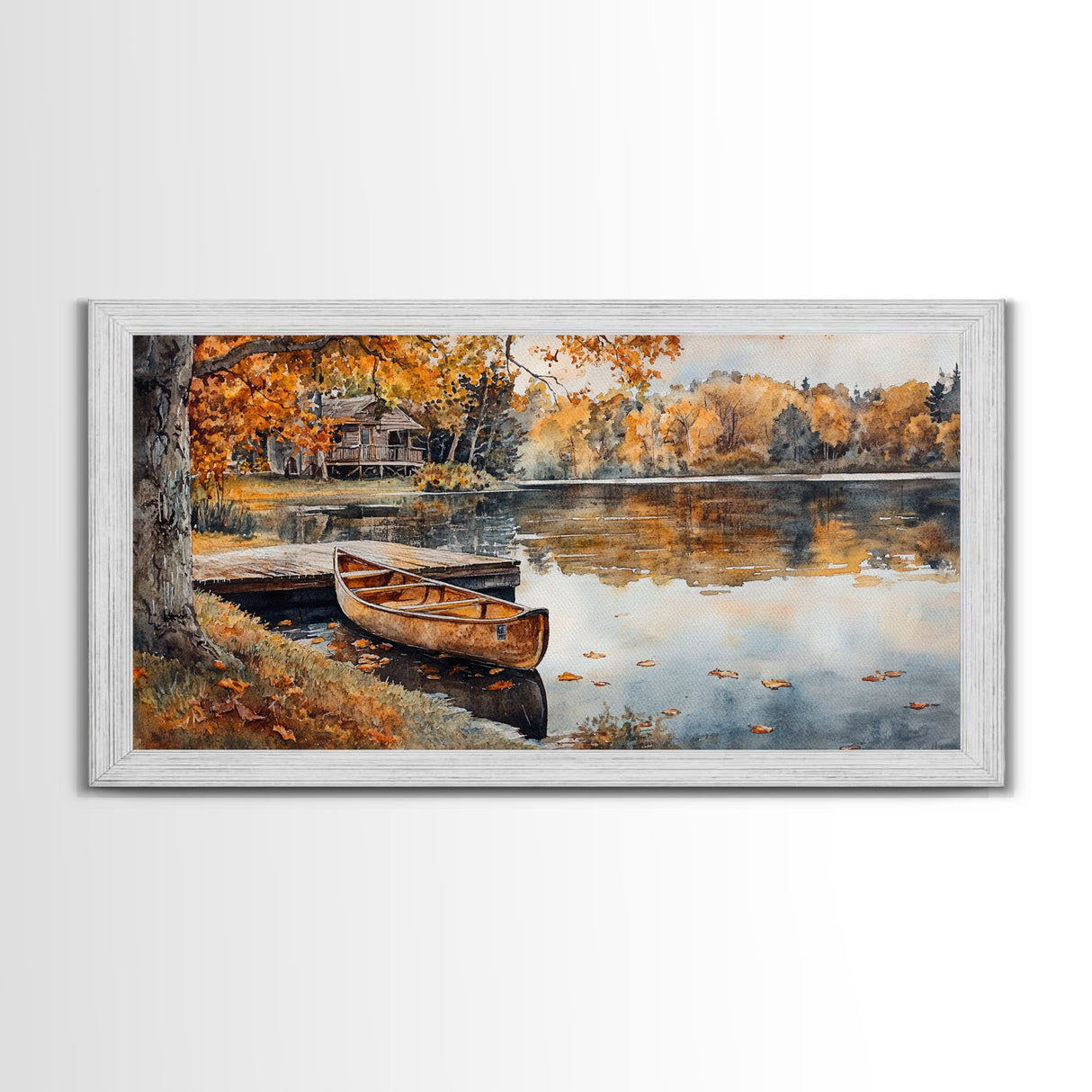 Fall lake house decor Framed Canvas Print serene lakeside cabin canoe rustic autumn wall art seasonal decor gift idea cozy fall home decor