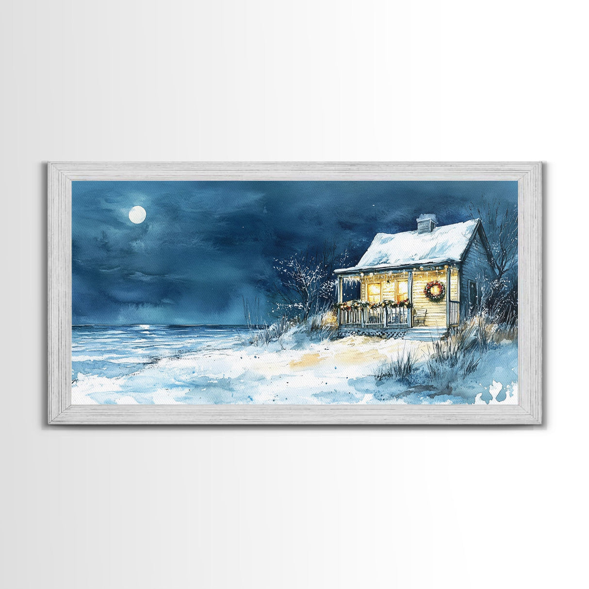 Coastal Christmas cabin decor, winter beach house art, snowy holiday seaside print, cozy Christmas wall art, framed canvas print