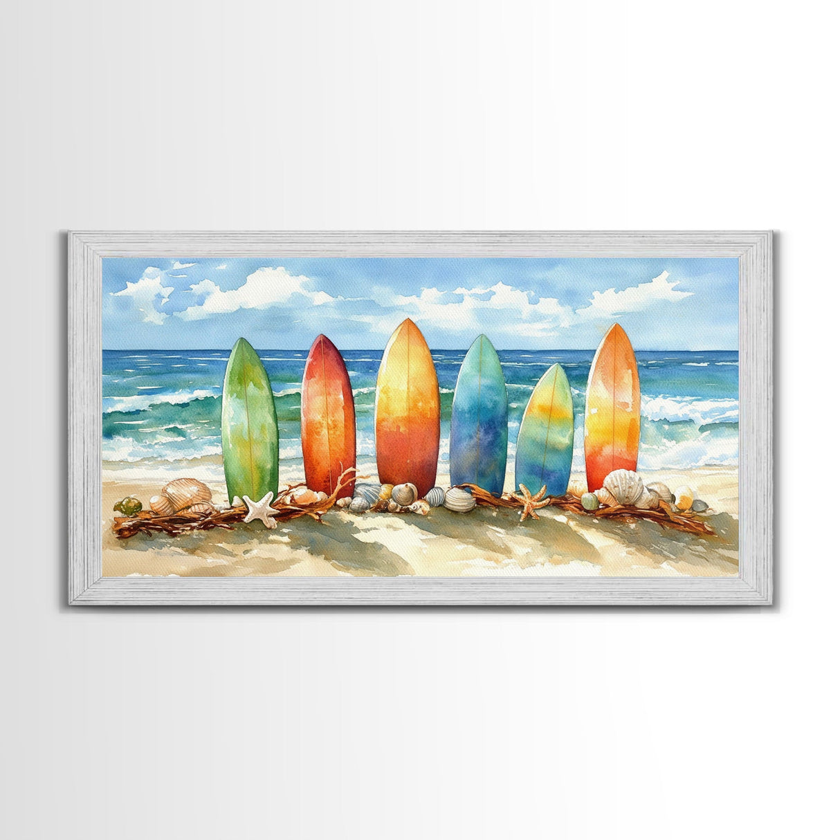 Colorful surfboards Christmas wall art, beach holiday decor, coastal Christmas art, framed canvas print, tropical Christmas art gift