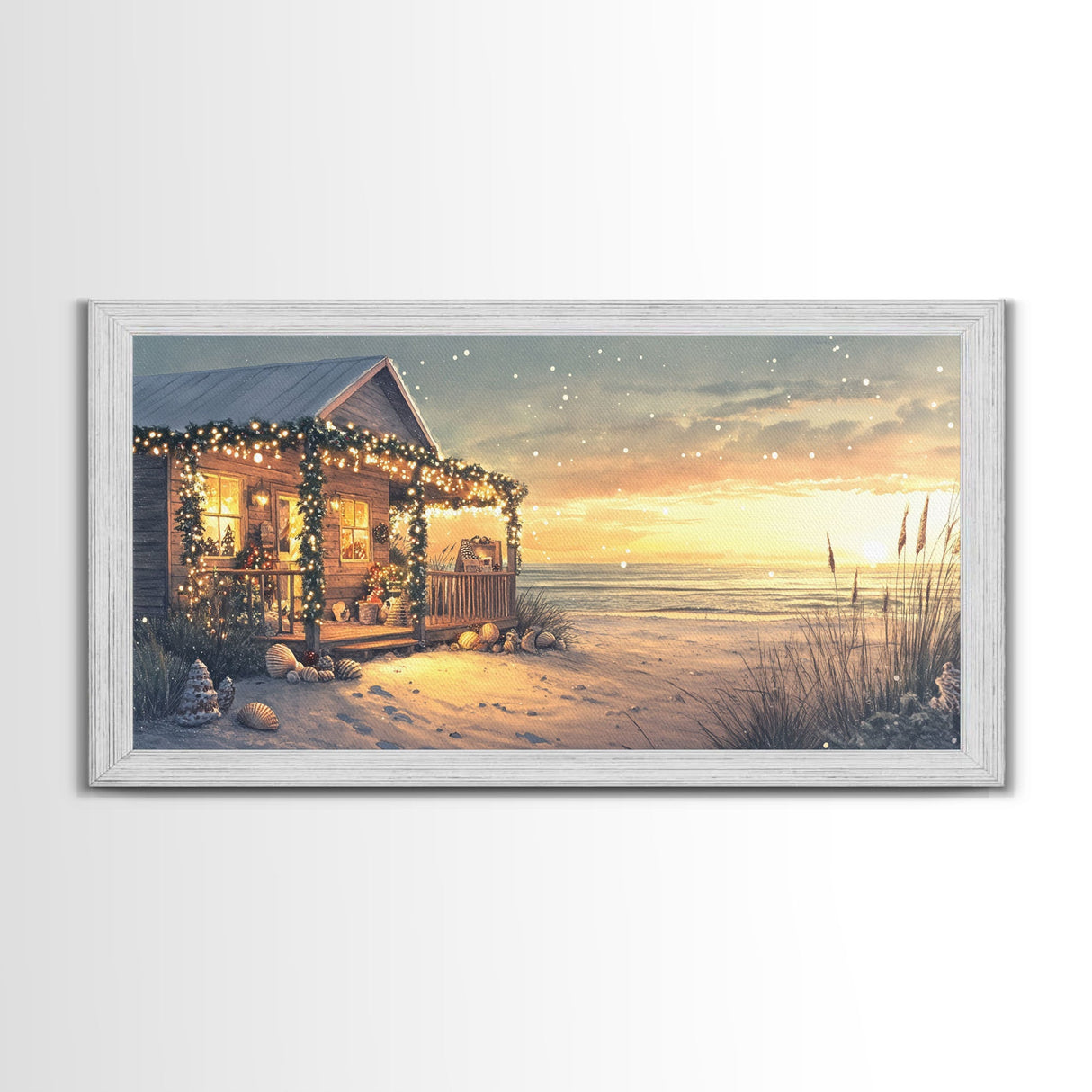 Christmas beach house decor, coastal holiday home art, seaside Christmas wall art, festive beach house print, framed canvas print