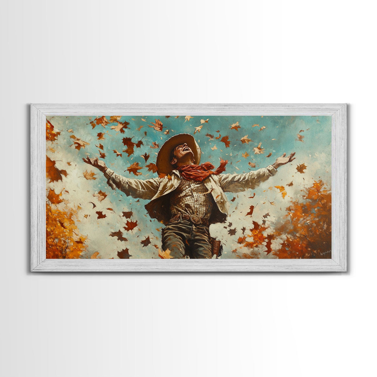 Cowboy Throwing Leaves In The Air, Funny Western Decor, Framed Canvas Print, Mood Lifting Wall Art, Fall Decor
