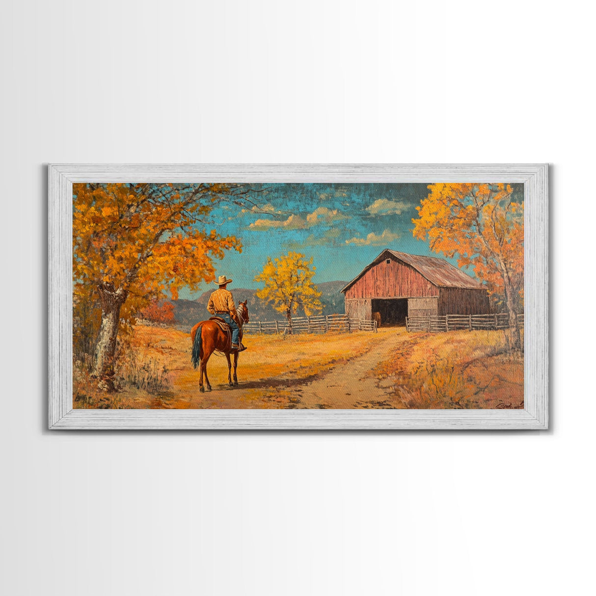 Cowboy Horse Autumn River Framed Canvas Print Perfect Above Sofa Fall Cowboy Art Moody Landscape Fall Western Wall Art