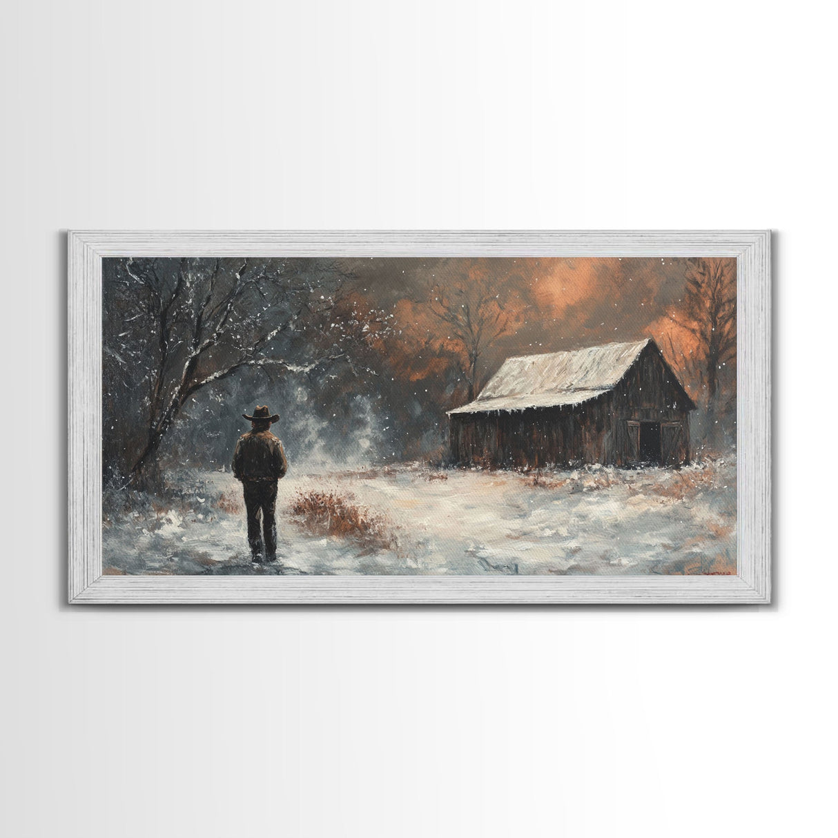 Cowboy On The Farm, Framed Canvas Print Fall Cowboy Wall Art Above Sofa Decor Moody Fall Western Wall Art