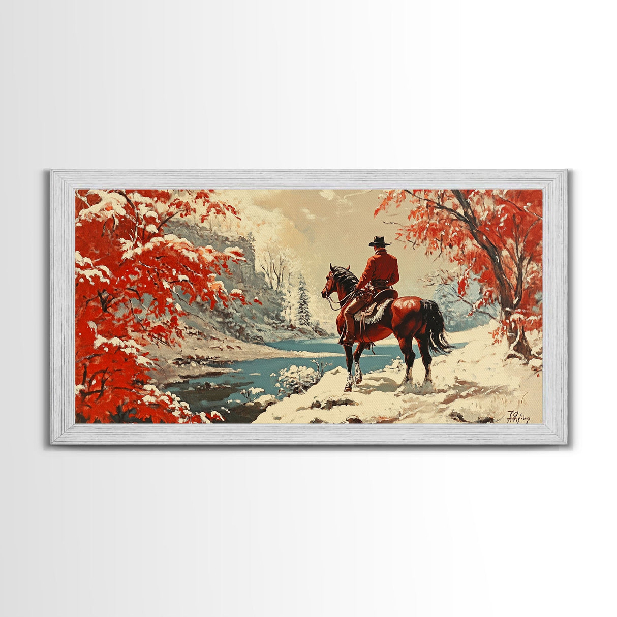 Cowboy resting by campfire under aspen trees with mountains in background, Framed Canvas Print, rustic wall art, warm western decor piece