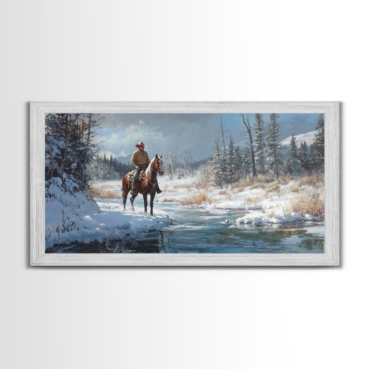 Cowboy riding horse through vibrant autumn forest, Framed Canvas Print, tall fall wall art, rustic western decor, moody landscape