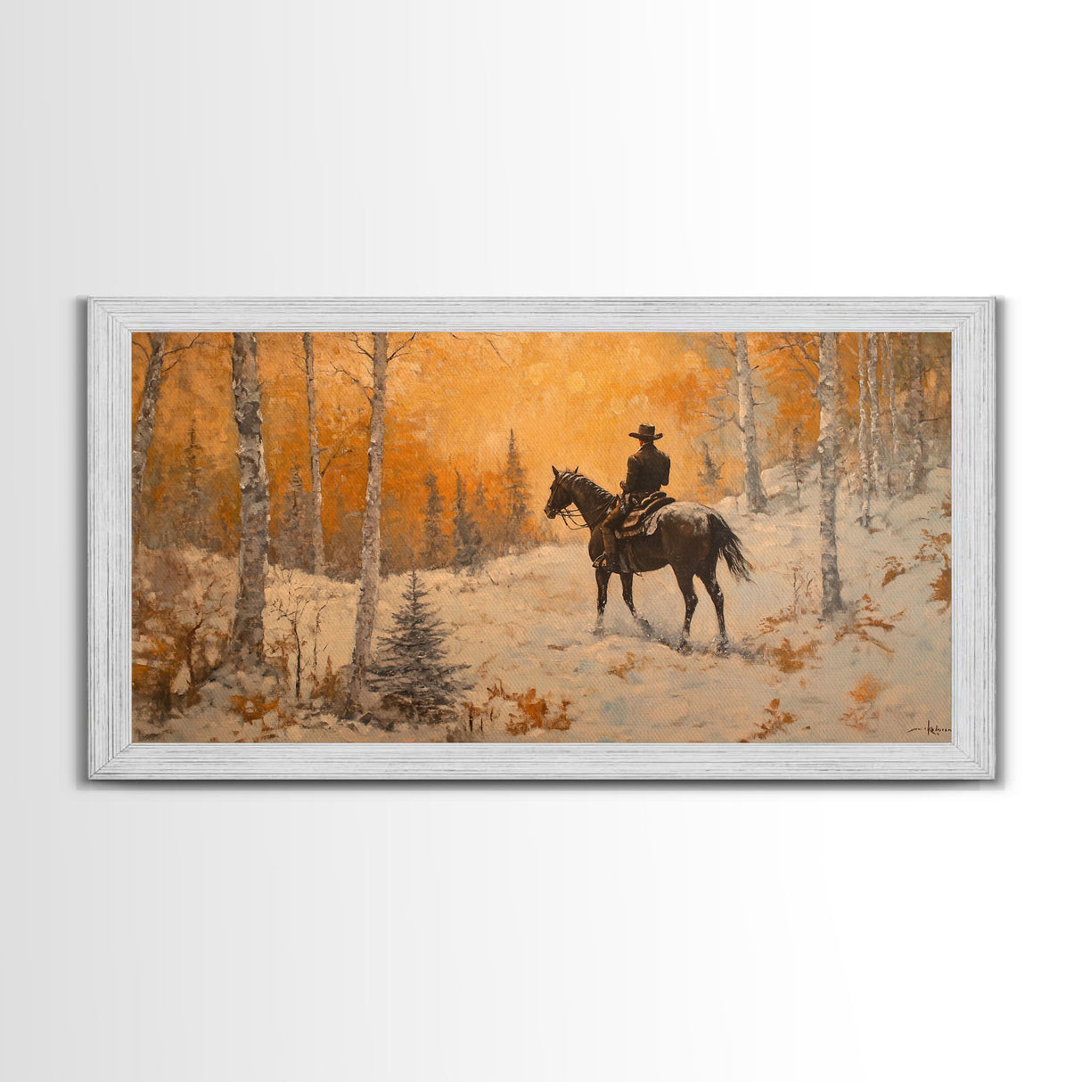 Cowboy riding horse through deep snow in a winter storm, Framed Canvas Print, dynamic winter wall art, rustic western home decor