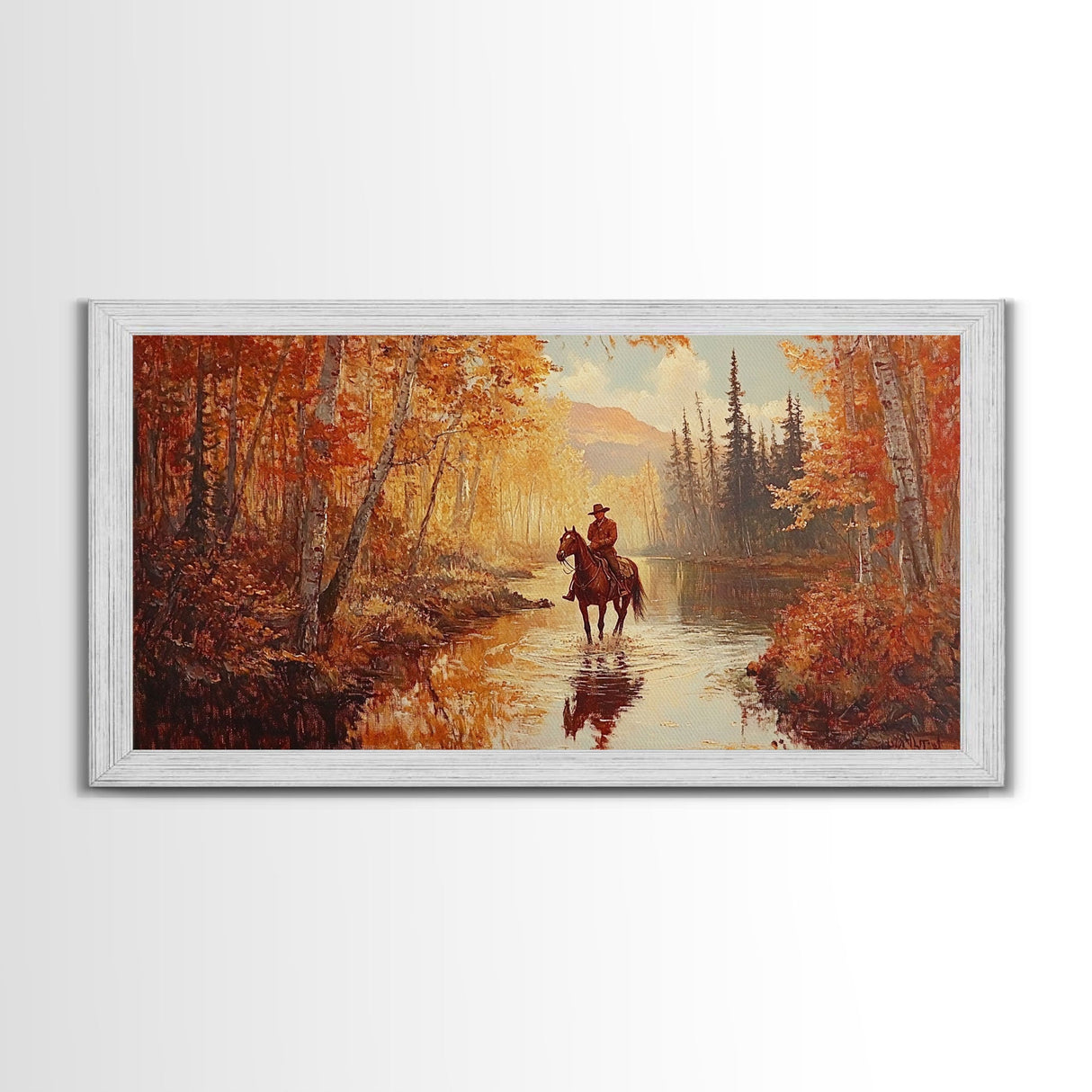 Black white cowboy riding toward snow-covered mountains, Framed Canvas Print, minimalist winter wall art, moody landscape, western decor