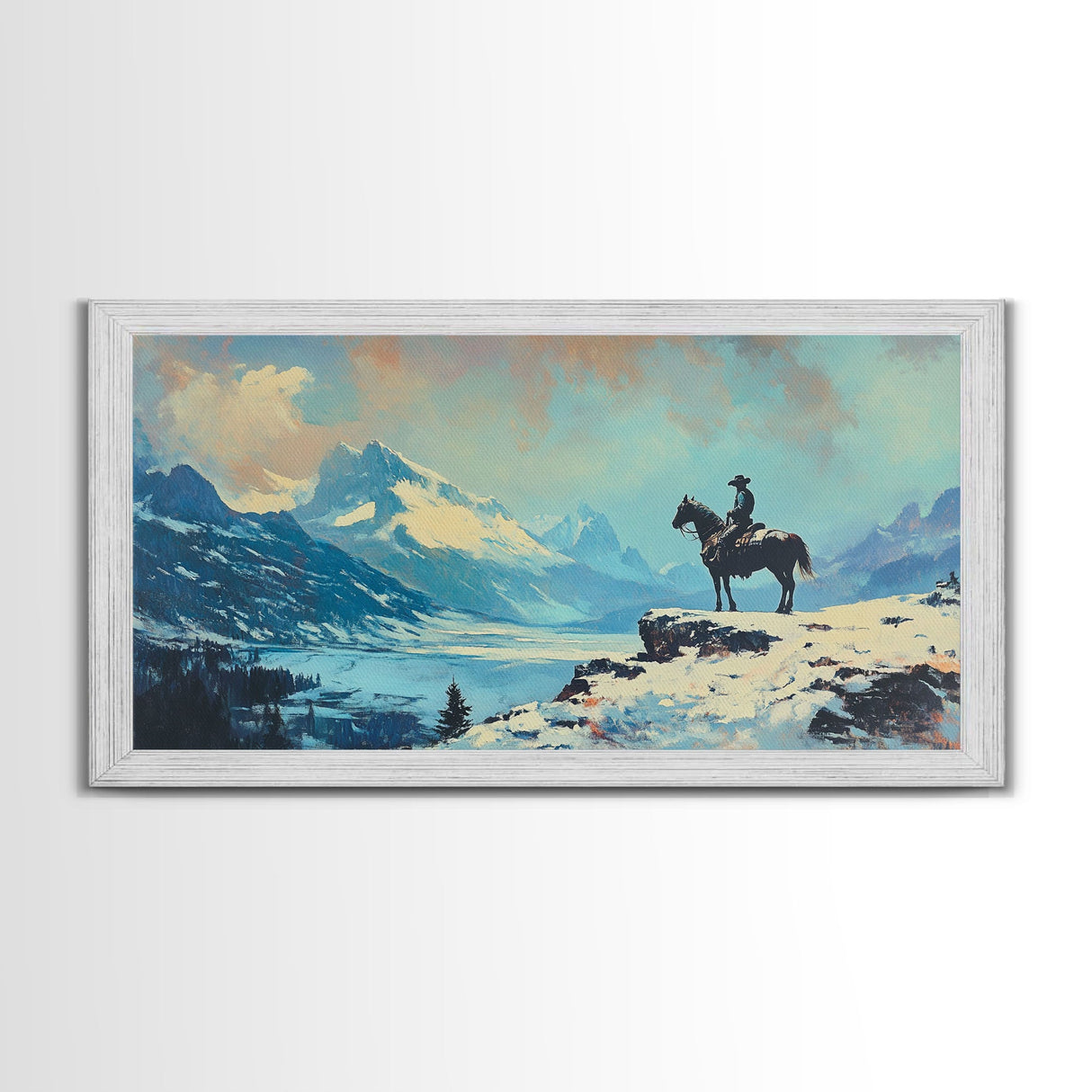 Smiling cowgirl in snow with autumn trees, Framed Canvas Print, rustic wall art winter autumn, tall art piece farmhouse country decor