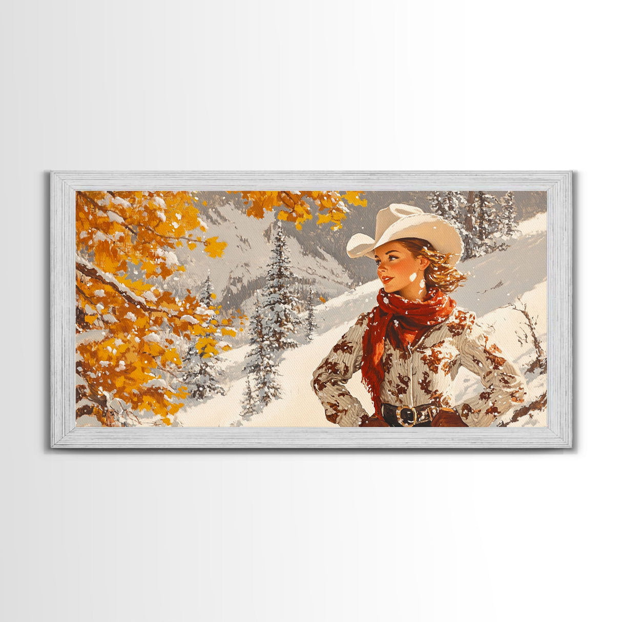 Charming Framed Canvas Print of a Cowgirl in Autumn Leaves, Perfect Fall Wall Decor and Gift Idea for Fans of Western Art Rustic Home Decor