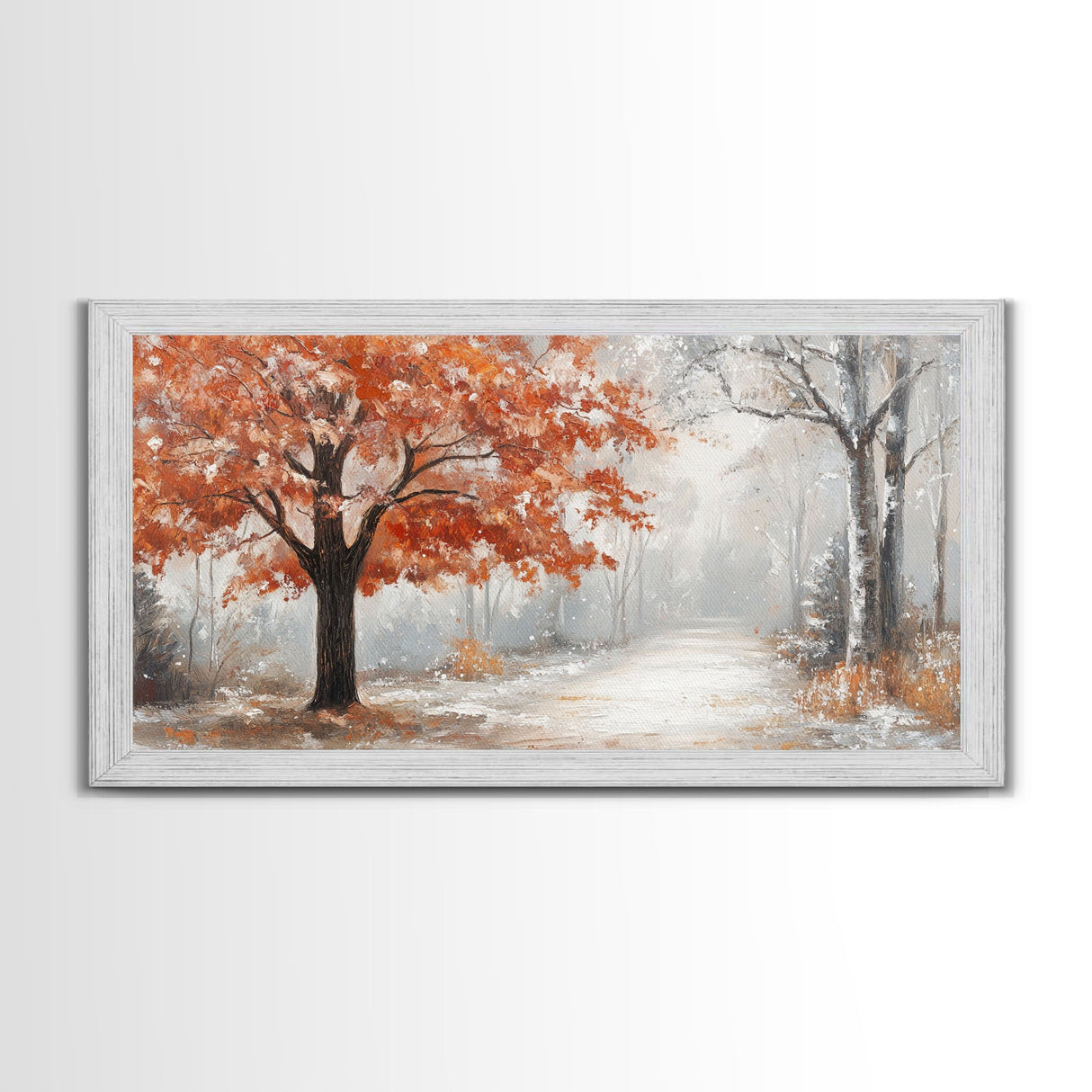 Misty Forest Path with Orange Leaves Framed Canvas Print, Ideal Autumn Decor or Fall Wall Art for Cozy Home Interiors