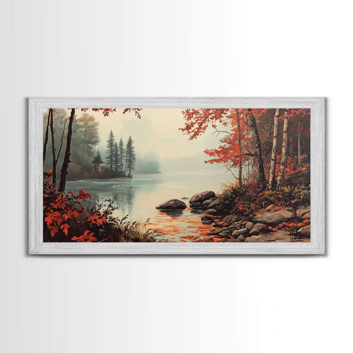 Fall On The River, Rustic Landscape Painting, Primitive Wall Art, Framed Canvas Print, retro festive holiday wall art Christmas decor