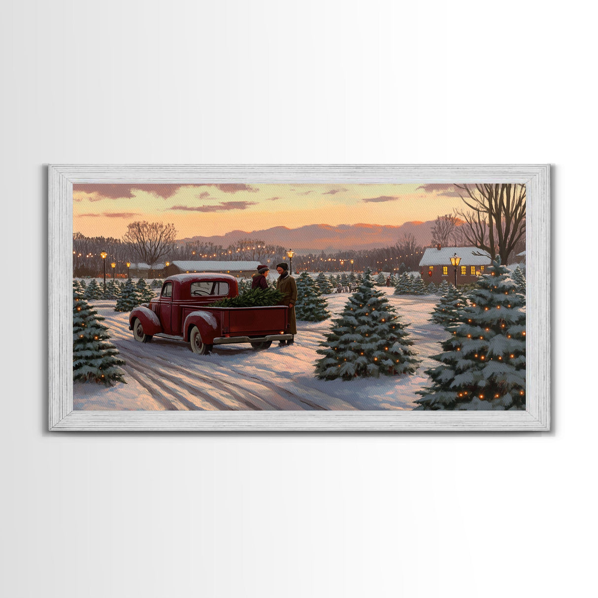 Christmas Tree Farm Framed Canvas Print, Red Truck Winter Scene, Farmhouse Christmas Decor, Christmas Vacation Decor, Holiday Art Gift