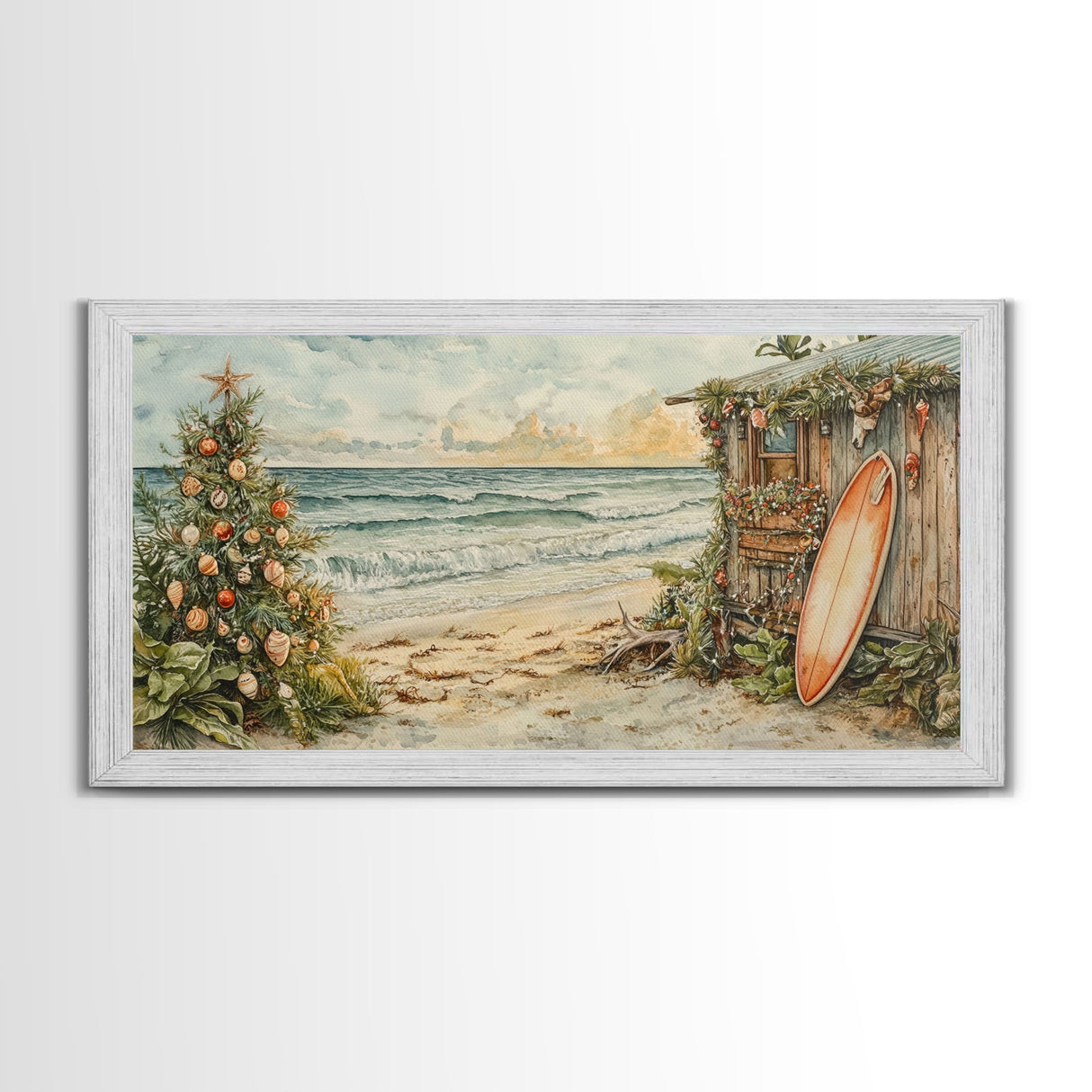 Christmas Tree Beside Rustic Beach House Coastal Holiday Scene Framed Canvas Print, Beach Christmas Wall Art And Decor
