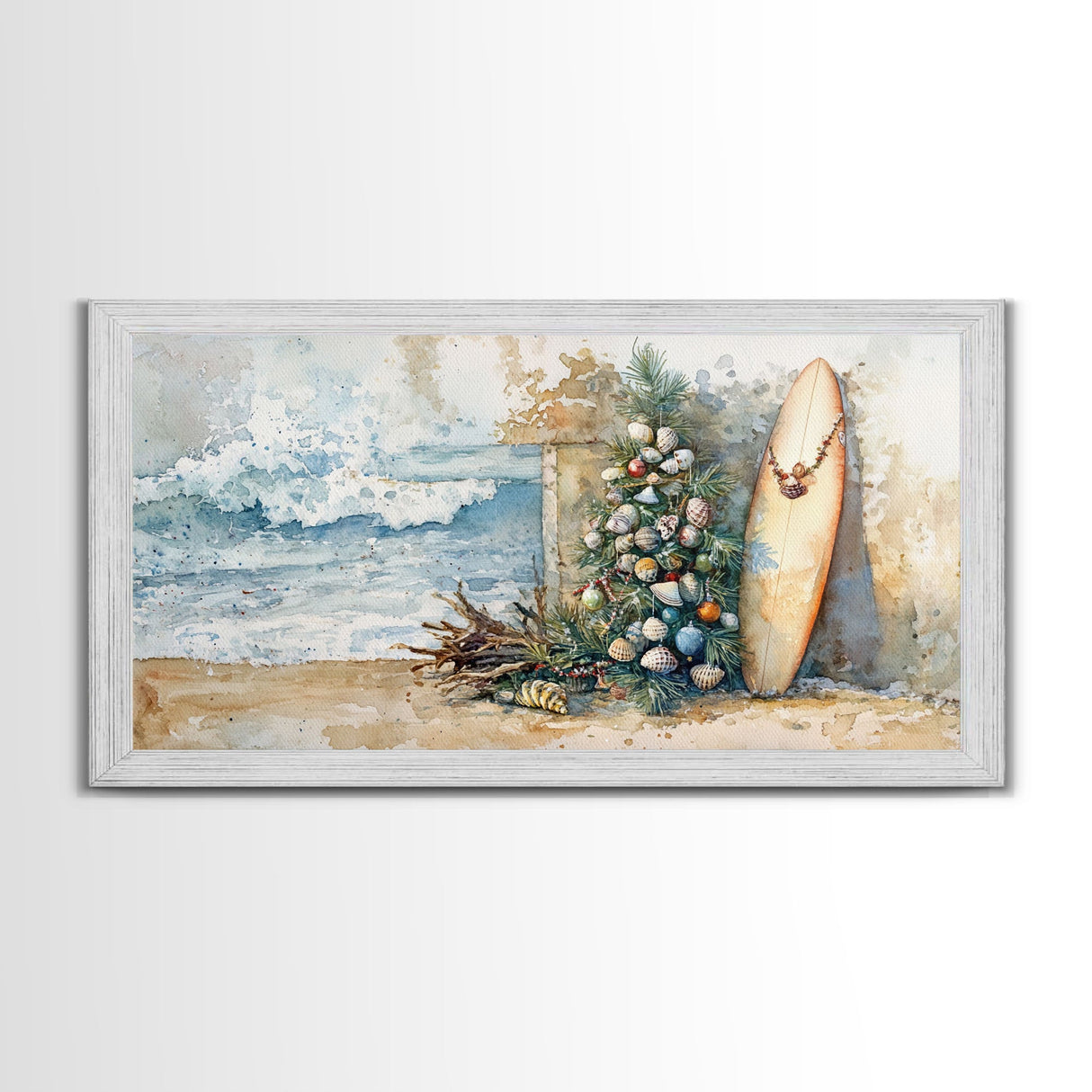 Coastal Christmas Scene Surfboards Christmas Tree Framed Canvas Print, Beach Holiday Decor Wall Art With Surfing Theme