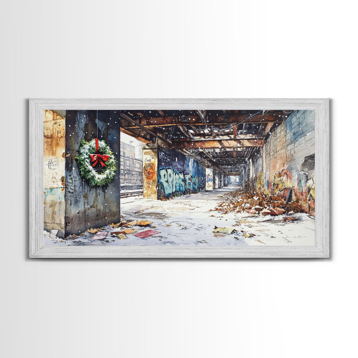 Rustic Urban Wreath Holiday Decor Framed Canvas Print, Christmas Scene with Snowfall and Graffiti Wall Perfect Holiday Wall Art