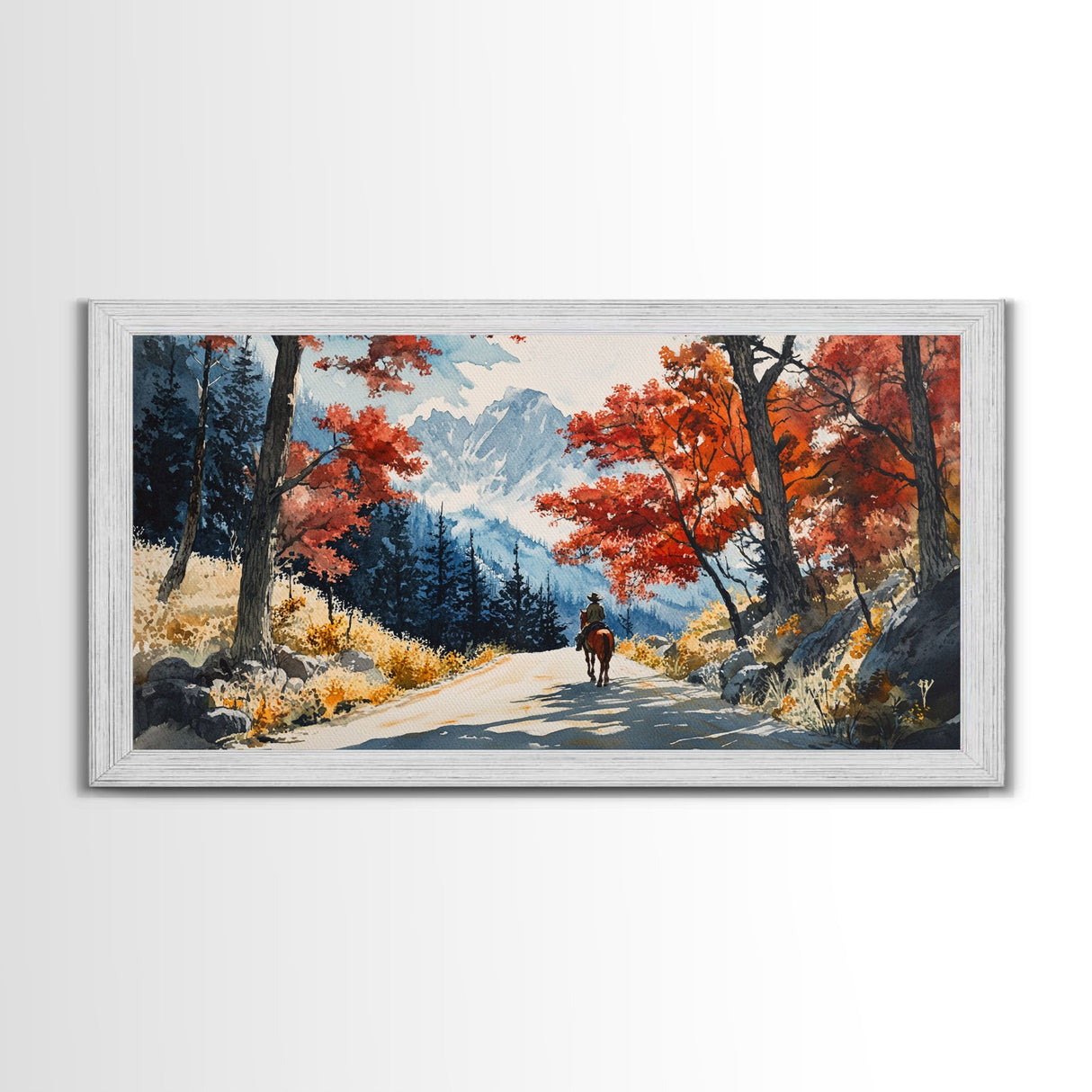 Cowboy Riding In Winter Snow Framed Canvas Print Tall Art Winter Landscape Rustic Christmas Decor Western Home Wall Art Mountain Gift Idea