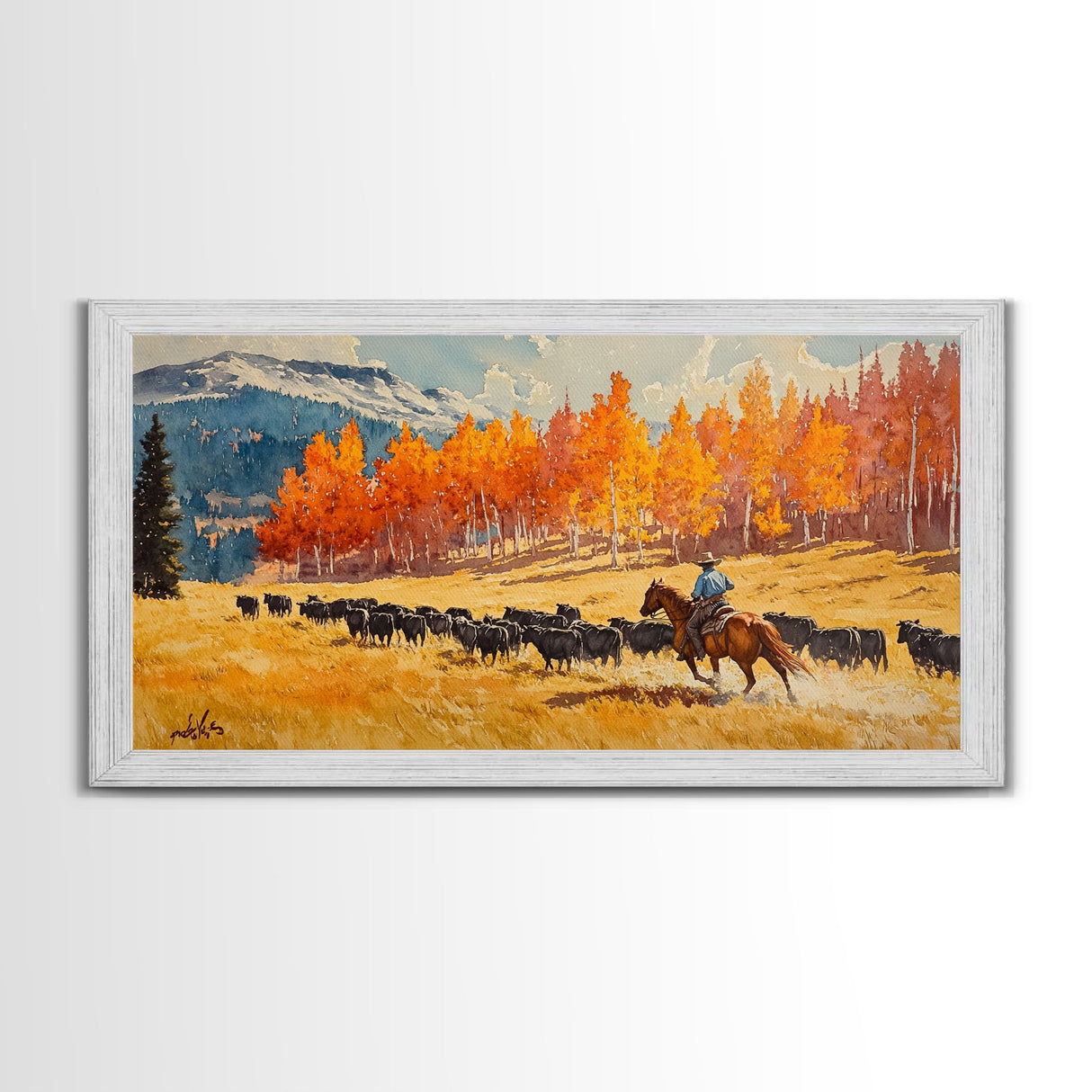Cowboy Herding Cattle Under Mountains Framed Canvas Print Tall Art Autumn Country Landscape Fall Decor Western Wall Art Farmhouse Gift Idea