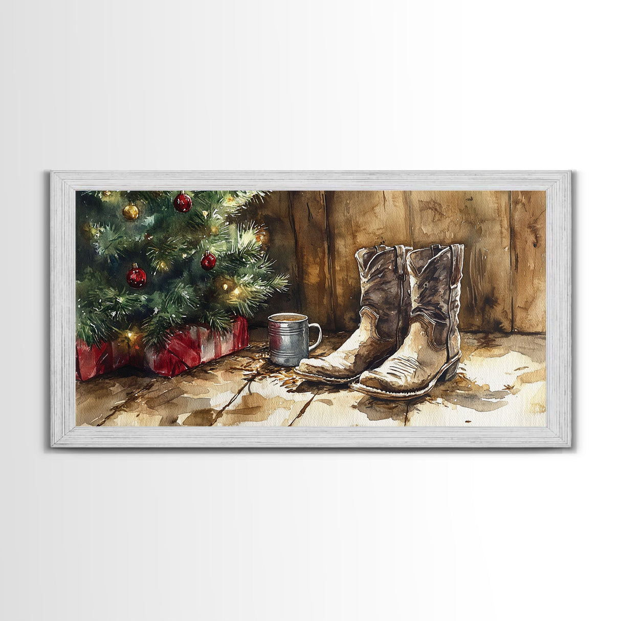 Christmas Cowboy Boots By Tree Framed Canvas Print Tall Art Rustic Western Christmas Decor Farmhouse Holiday Wall Art Cowboy Holiday Gift
