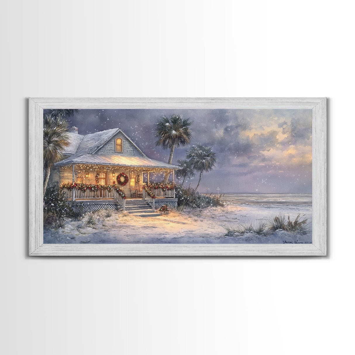 Christmas beach decor scene in tropical house with wreath and lights, Framed Canvas Print palm trees snow, winter art and holiday home decor