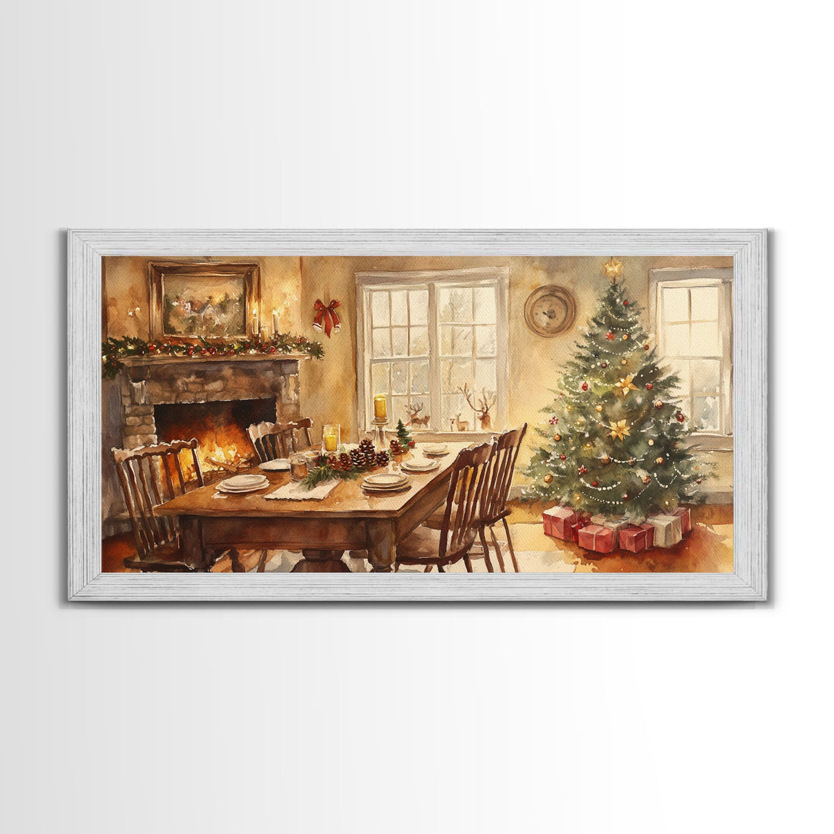 Rustic Christmas dining room scene with a Christmas tree, Framed Canvas Print with a festive table warm fireplace, farmhouse holiday decor