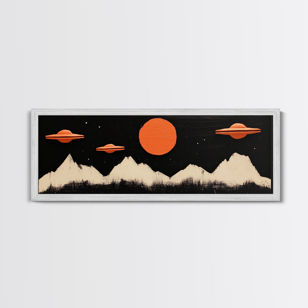 Cute Nursery Decor - Boy's Room Wall Art - Panoramic Flying Saucers or UFOs Art Print - Framed Canvas