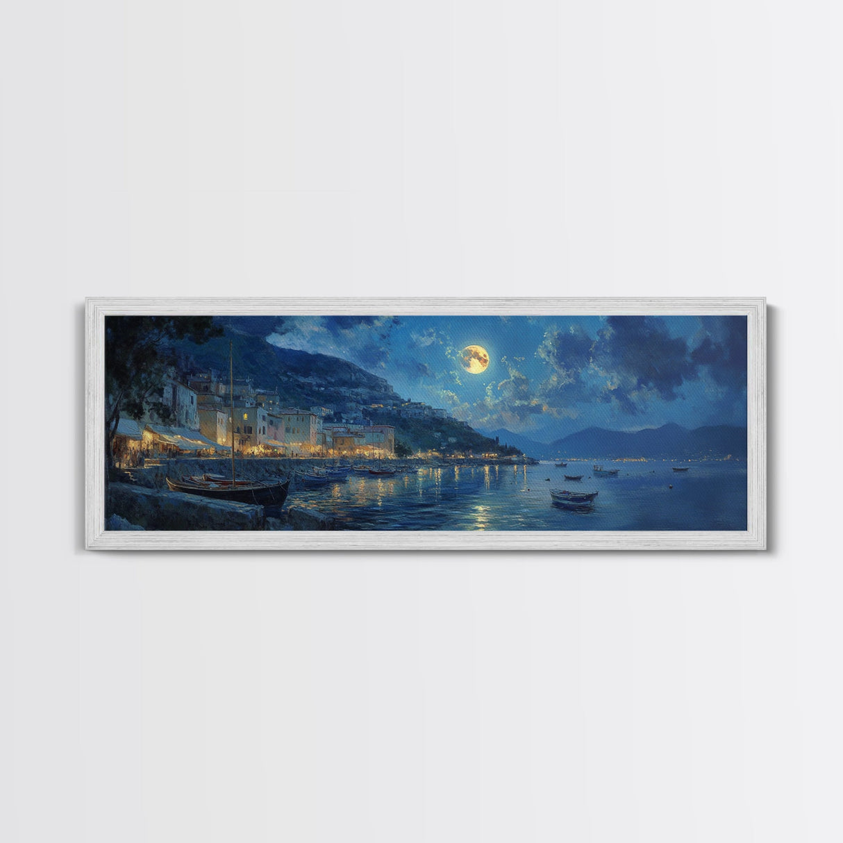 Horizontal Oil Painting Print - Italy At Night - Portofino Wall Art - Horizontal Panoramic Print - Full Moon Painting
