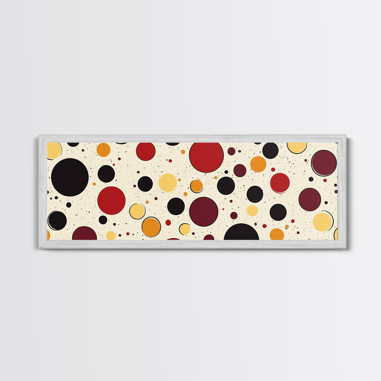 Polka Dots - Framed Canvas Print - MCM Inspired Midcentury-Modern Wall Art - Red, Yellow and Black Dots on a White Background