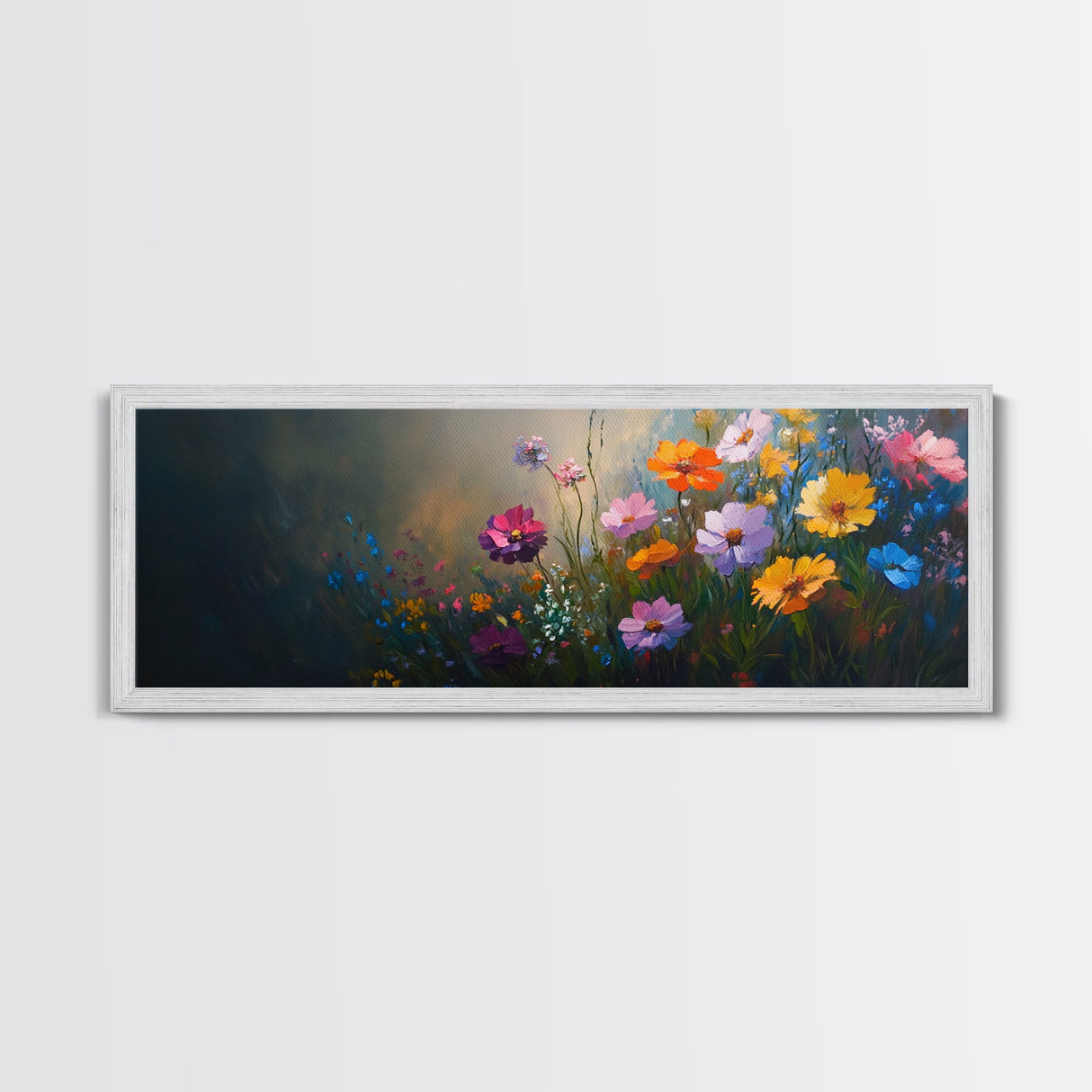 Wildflowers In a Thunder Storm, Framed Canvas Print, Colorful Botanical Print, Field of Wildflowers Canvas Art, Dark Floral Landscape Wide Art