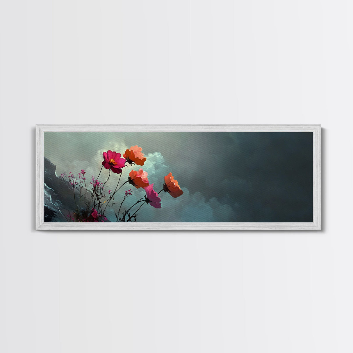 Beautiful Wild Flowers In The Clouds, Mountain Painting Canvas Print, Moody Decor, Muted and Subdued Wall Art, Centerpiece Art