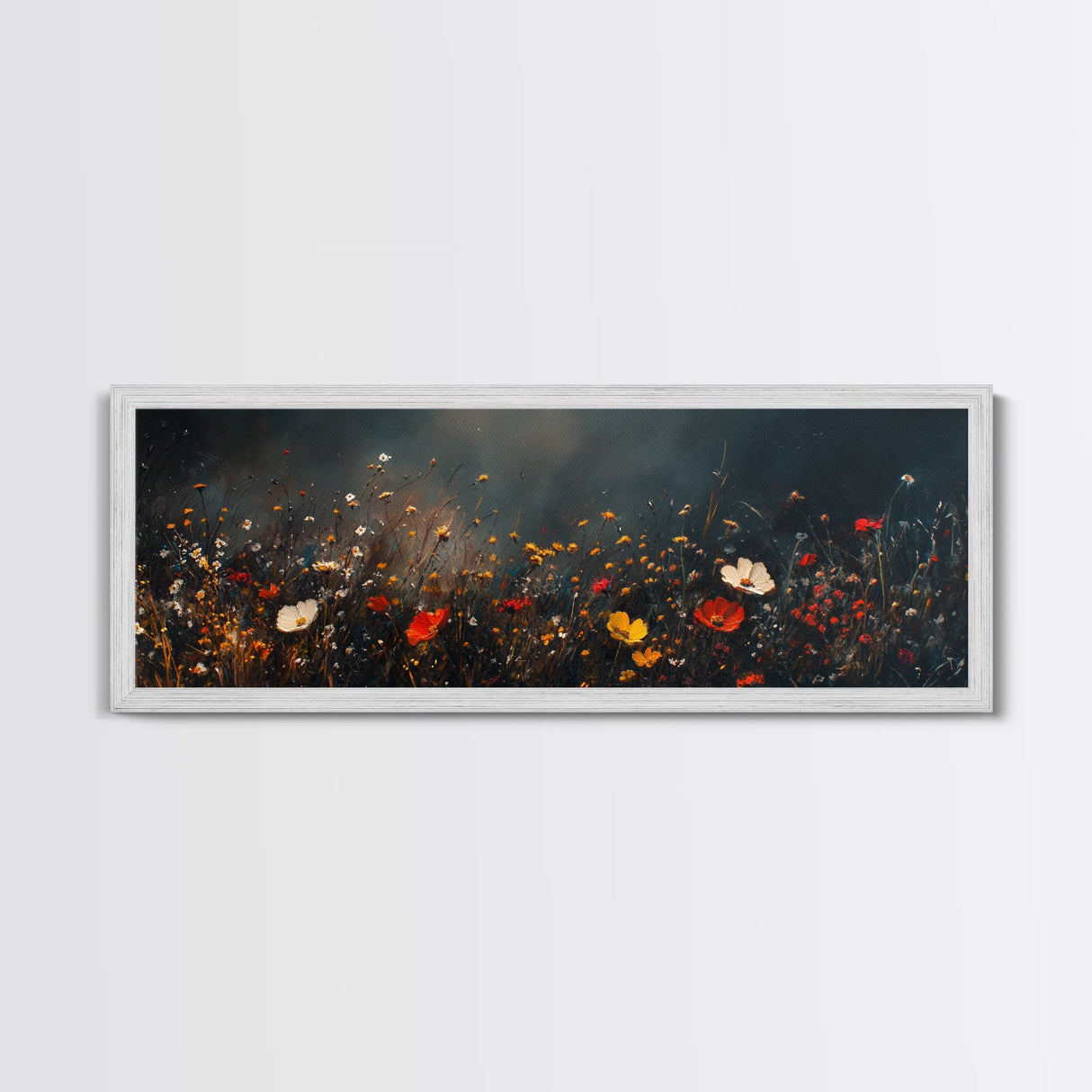 Wildflowers On A Stormy Day, Framed Canvas Print, Panoramic Wall Art, Moody Muted Decor, Above Sofa Or Couch Oversized Art