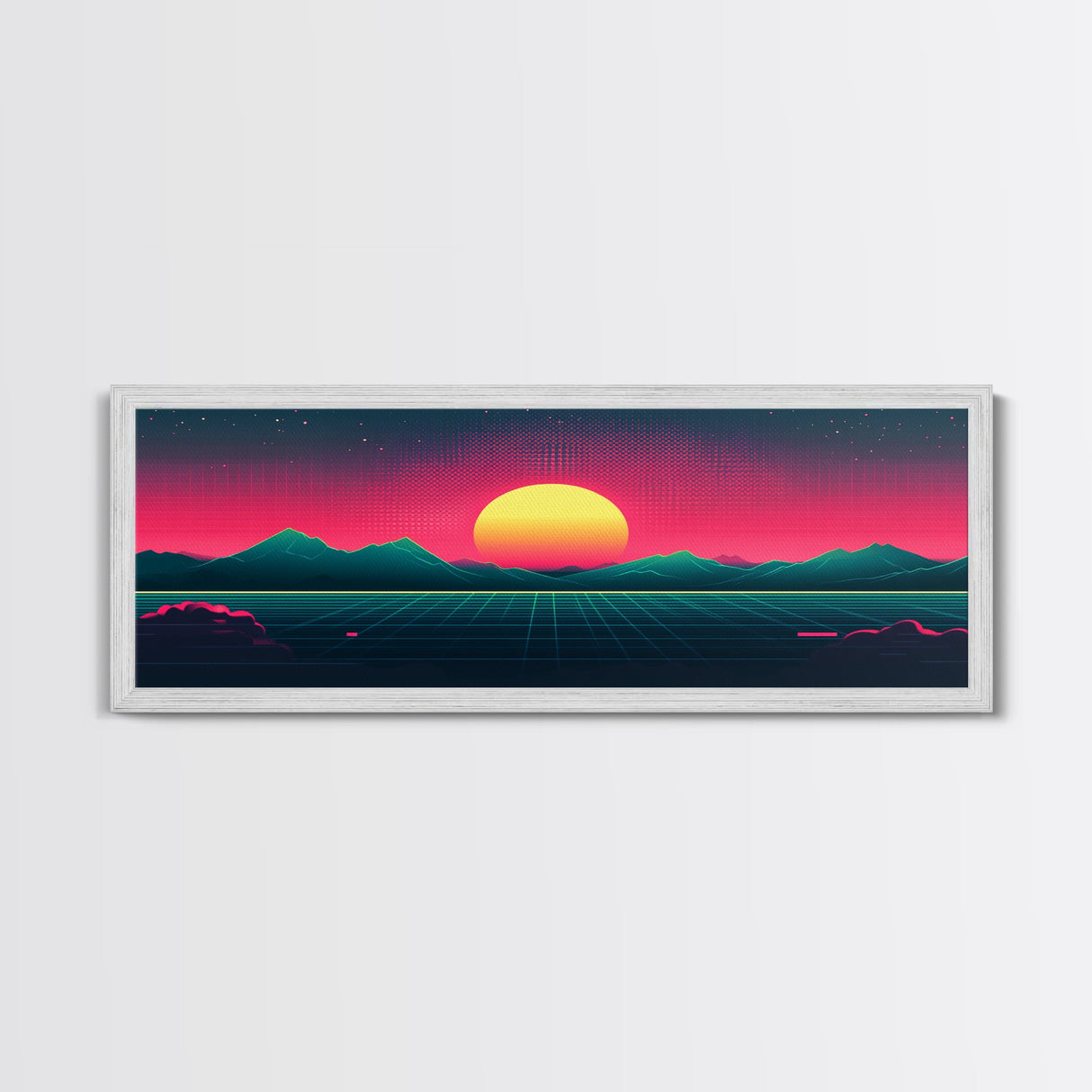 Synthwave Sunset Over The Mountains, Wireframe Art, Framed Canvas Print, Wire Frame Retro 1980s Style Wall Art