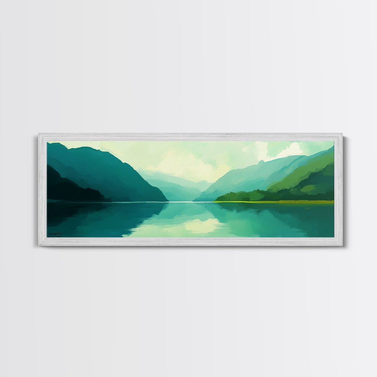 Jade Green Landscape Painting Print, Panoramic Lake Painting, Minimalist and Muted Home Decor, Emerald Green Landscape Art