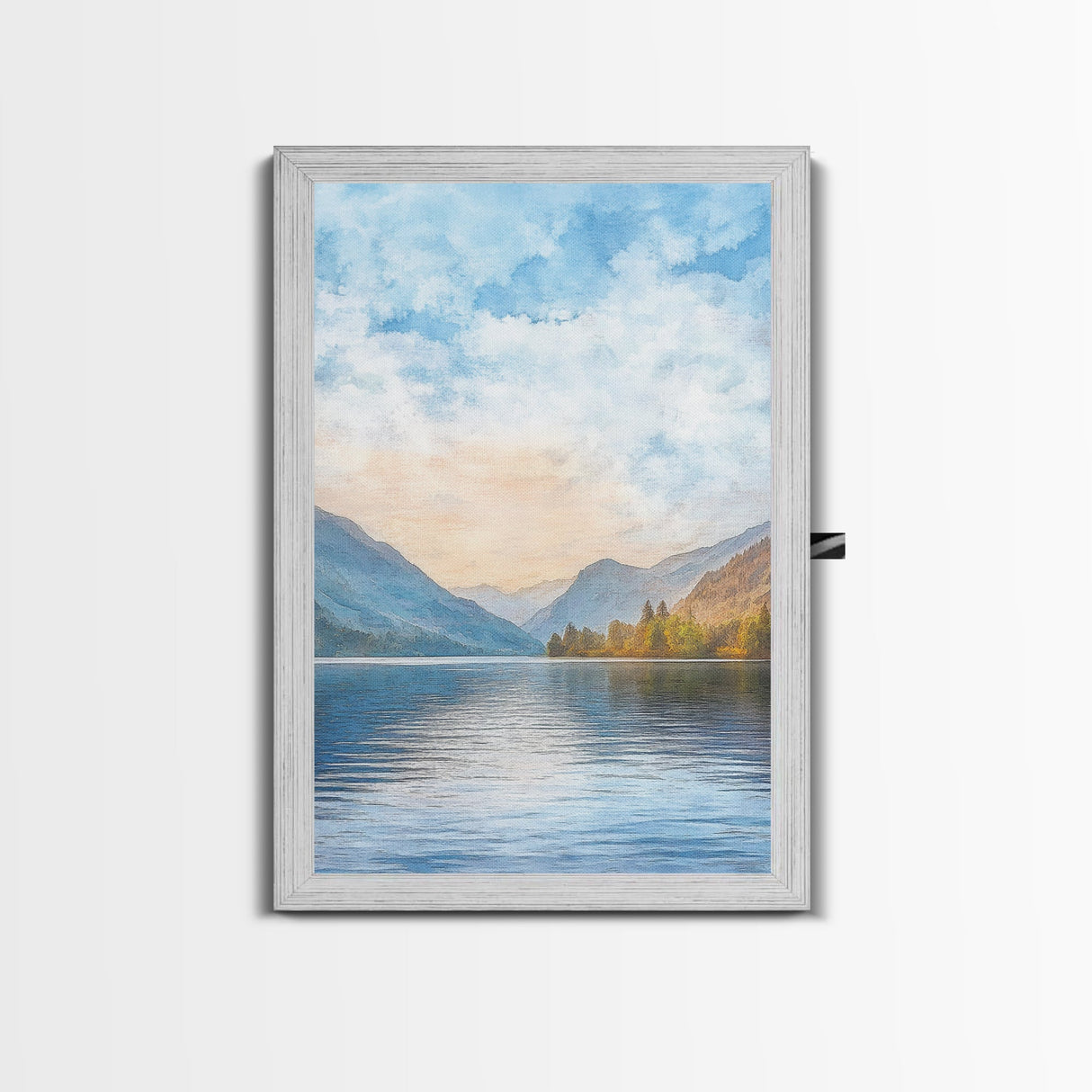 The Calm Lake Framed Canvas Print, PNW Wall Art, Modern Realism Home Decor, Watercolor Landscape Print