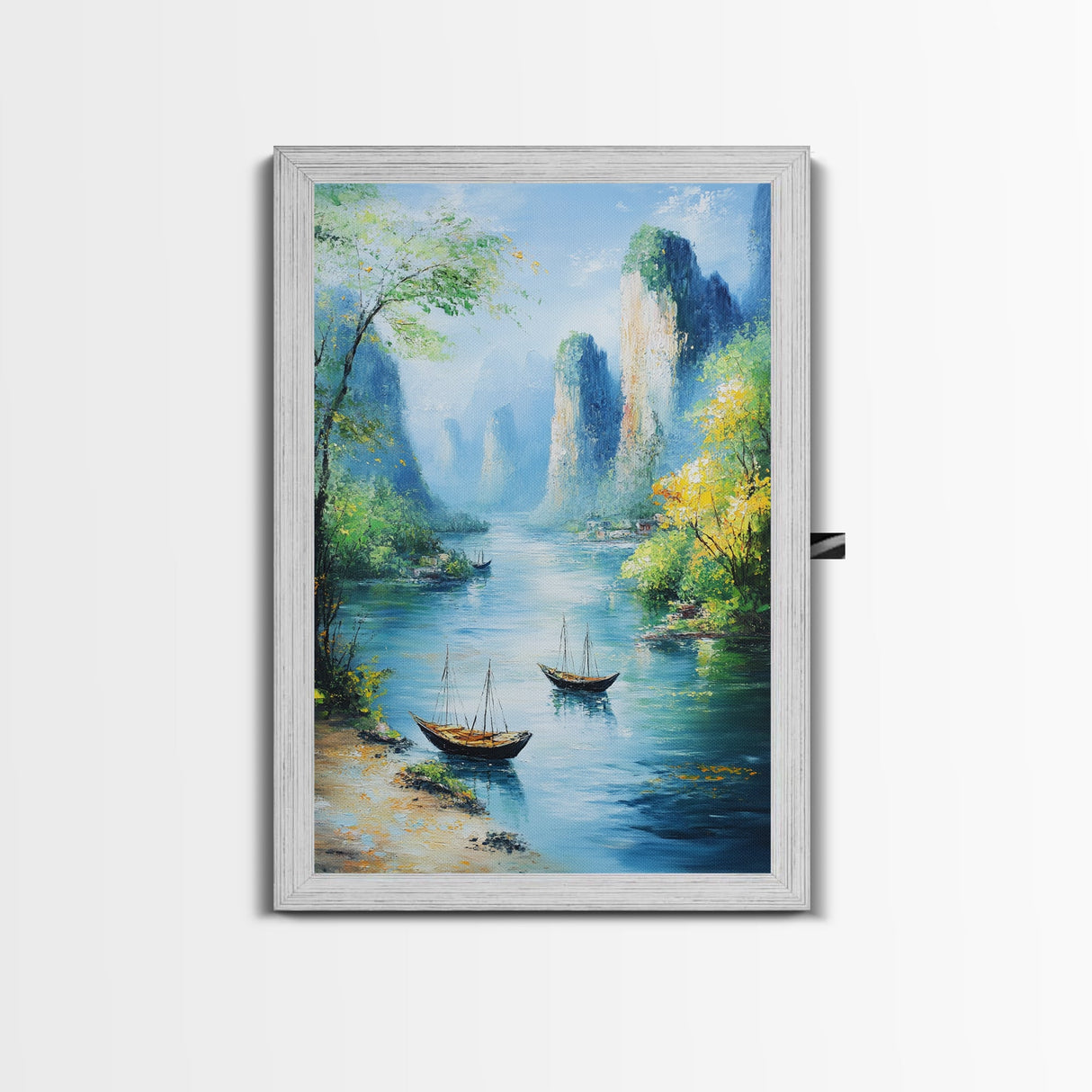 Vibrant Fantasy Art - Original Painting Framed Canvas Print - Sail Boats in The Bay - Nautical Themed Home Decor