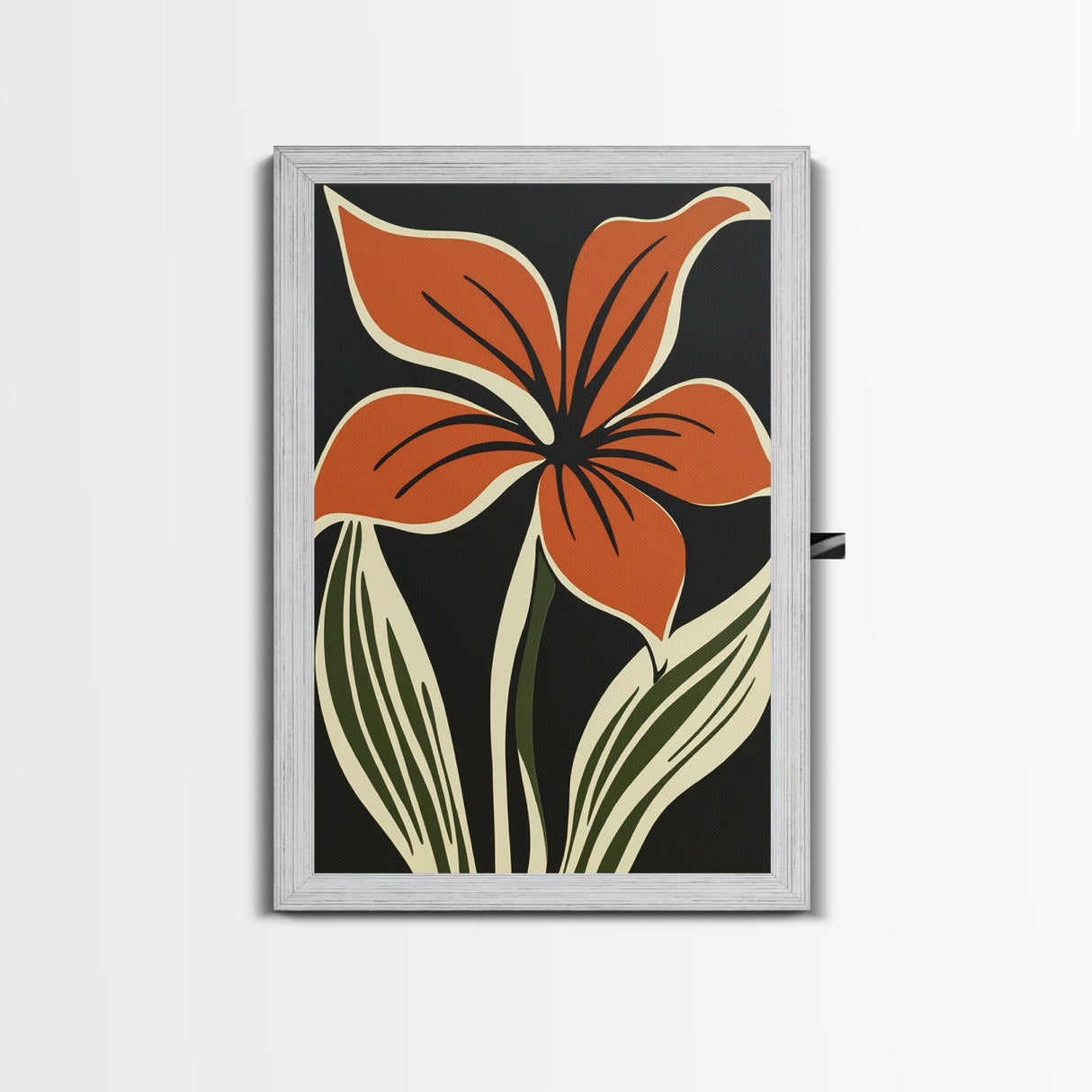 Orange Flower on Black Background, MCM Style Art, Framed Canvas Print